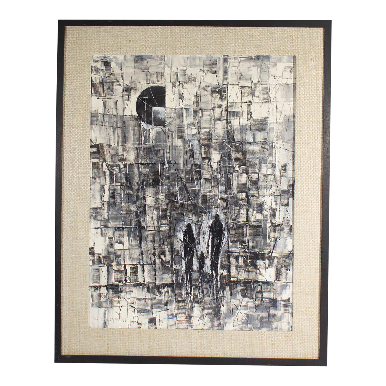 Mid-Century Oil on Canvas Abstract Painting by S. Tokuyoshi: A mid-20th century oil on canvas painting by the Japanese artist S. Tokuyoshi. This abstract work is painted in black and white and depicts two figures walking with a child amidst a fragmented landsca