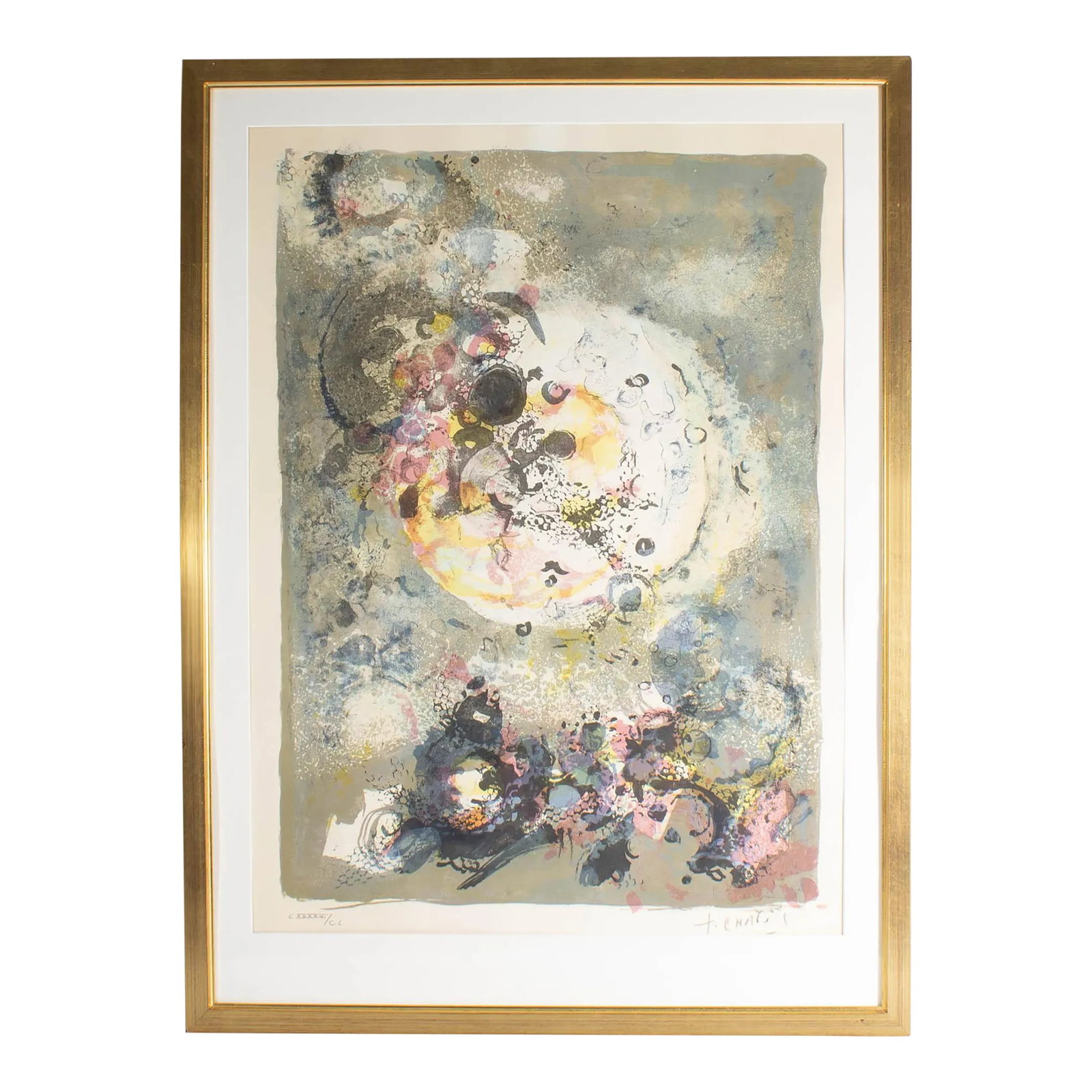 Limited Edition Abstract Lithograph by Francois Chapuis: A limited edition lithograph by the French artist Francois Chapuis (1928-2002). This print consists of an abstract pattern of circular shapes of dark gray, white, yellow, and pink against a brushy