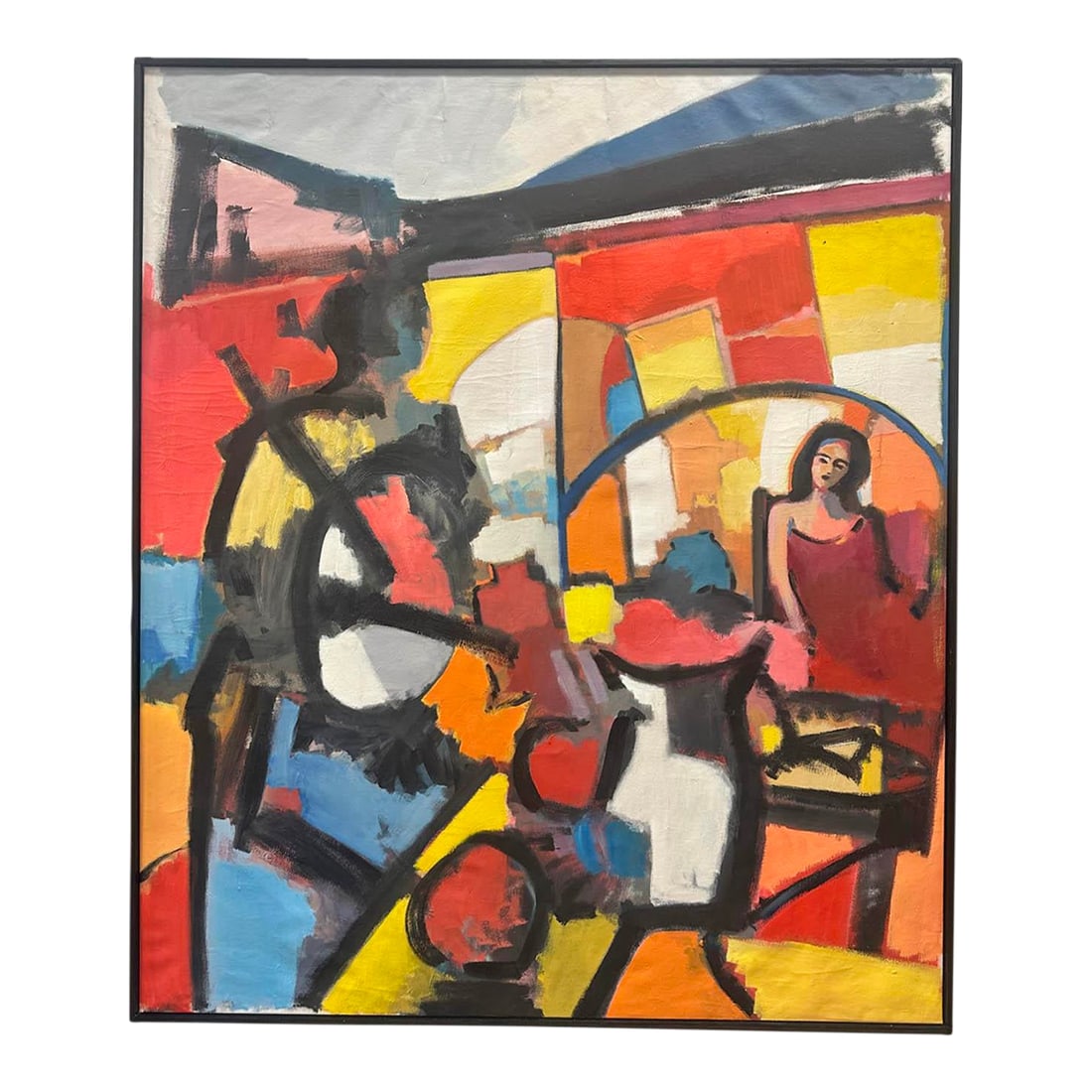Abstract Oil on Canvas Painting by Darrell L. Anderson: An abstract oil on canvas painting by the American artist Darrell L. Anderson. This abstract work depicts a woman wearing a red dress sitting amidst clocks of a color with another figure in the foregr