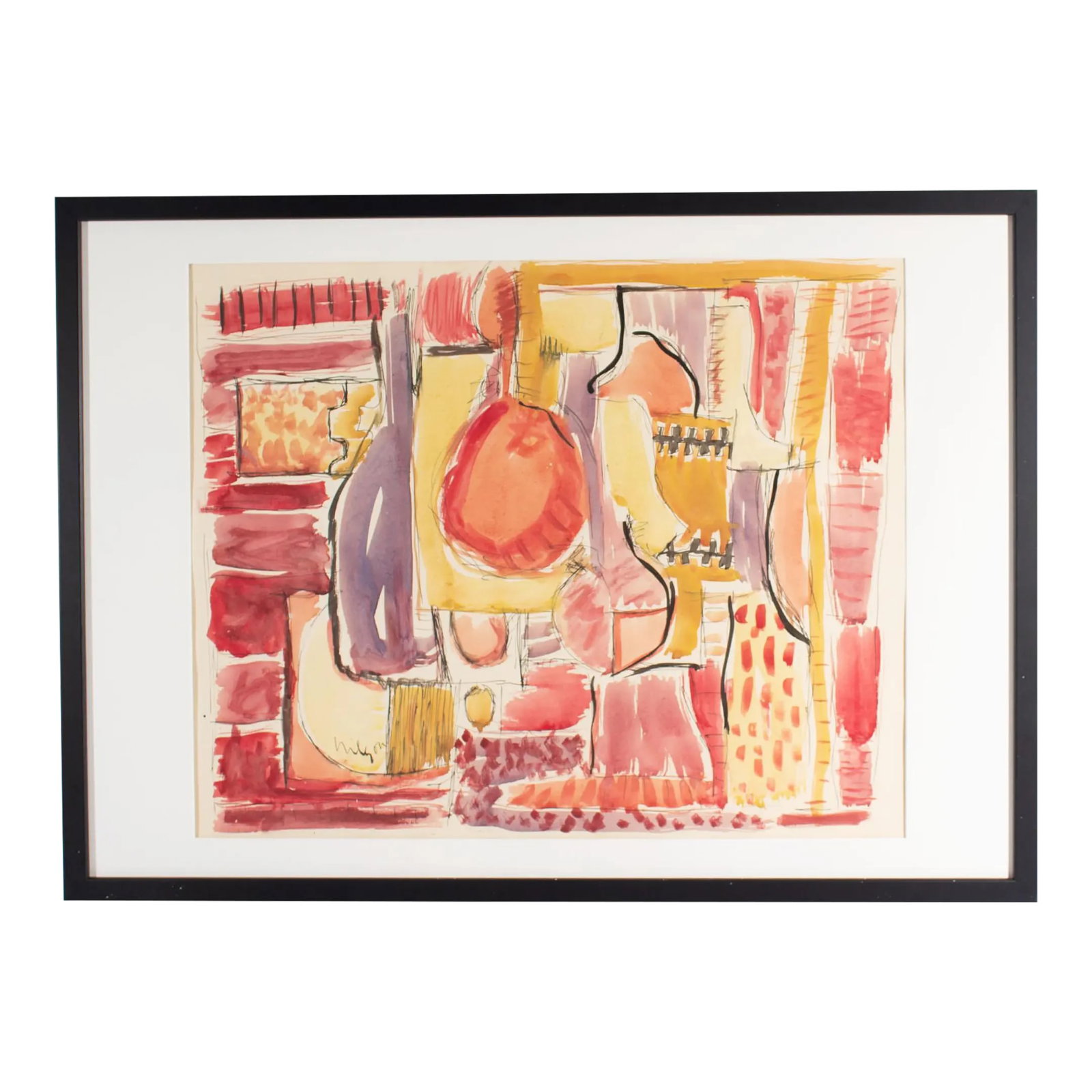 1960s Abstract Watercolor Painting by Harry Hilson: A 1960s watercolor by the American artist Harry Hilson (1935-2004). Signed to the lower left, this colorful work depicts an abstract still life with bottles and fruit arranged amidst patches of variou