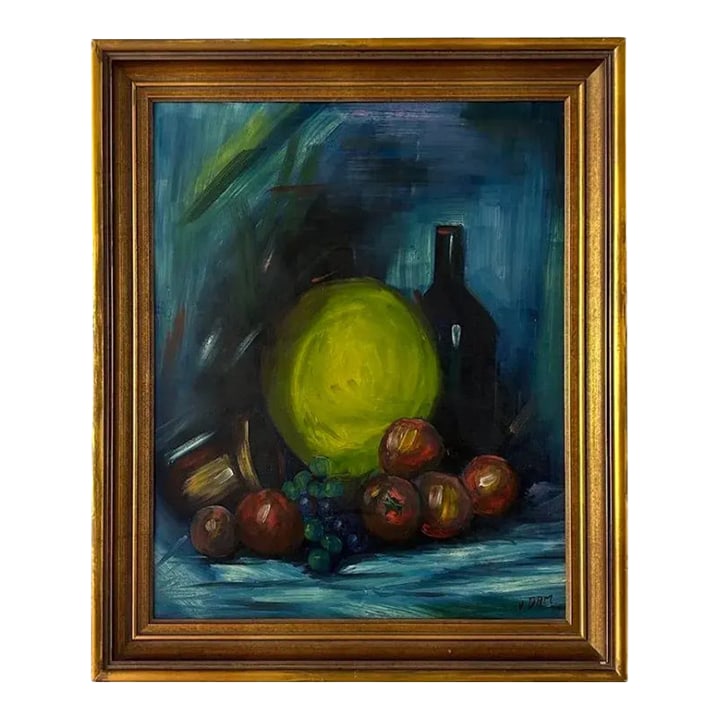 Late 20th Century Modern Still Life Acrylic Painting on Canvas, Framed: Late 20th Century Framed Midcentury Modern Still Life on Canvas. Acrylic on canvas. Signed lower right V. Dam. Still life abstract depicting an assortment of fruit and vase. In good condition