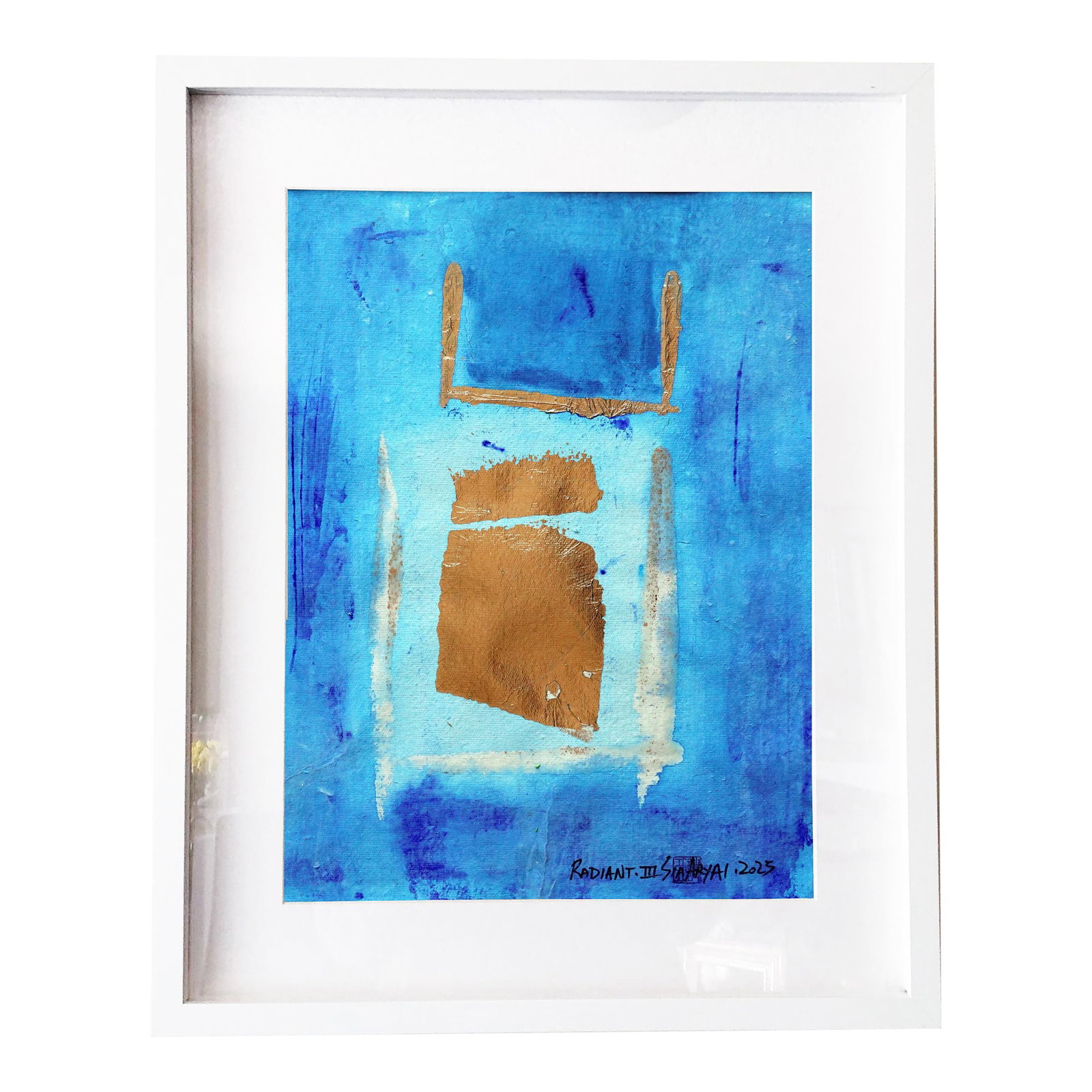 radiant.iii Framed Abstract Gold Leaf/ Blue Painting: Radiant. III This bold and lively abstract surreal piece is gold leaf and shades of Blue painted on 12X16" handmade parchment. Radiant brings a rich pop of life to that special space you have in