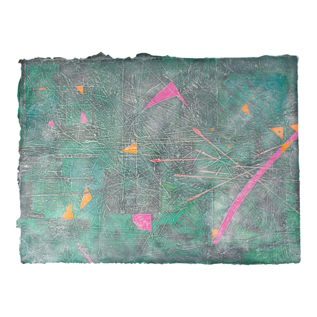 Abstract Painting and Print on Paper by Anthony Lewis Popcheff: An abstract painting and print on paper by the American artist Anthony Louis Popcheff (1954-2003). This work features slender pink and orange triangles set against a misty gray and teal background sma