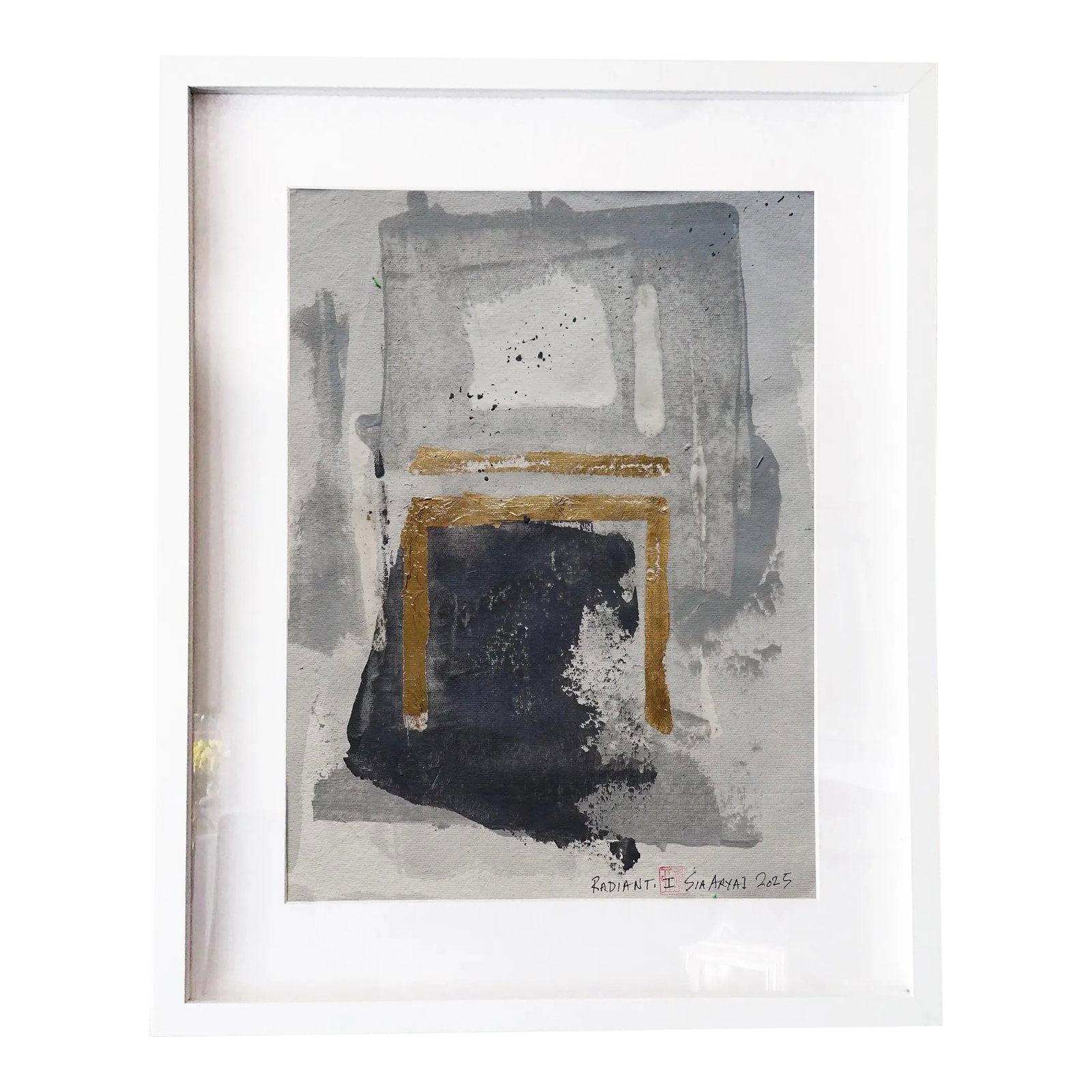 Radient. I Framed Abstract Gold Leaf on Gray Acrylic Painting: This bold and lively abstract surreal piece is gold leaf and shades of gray painted on 12X16" handmade parchment. Radiant brings a rich pop of life to that special space you have in mind. It is custom