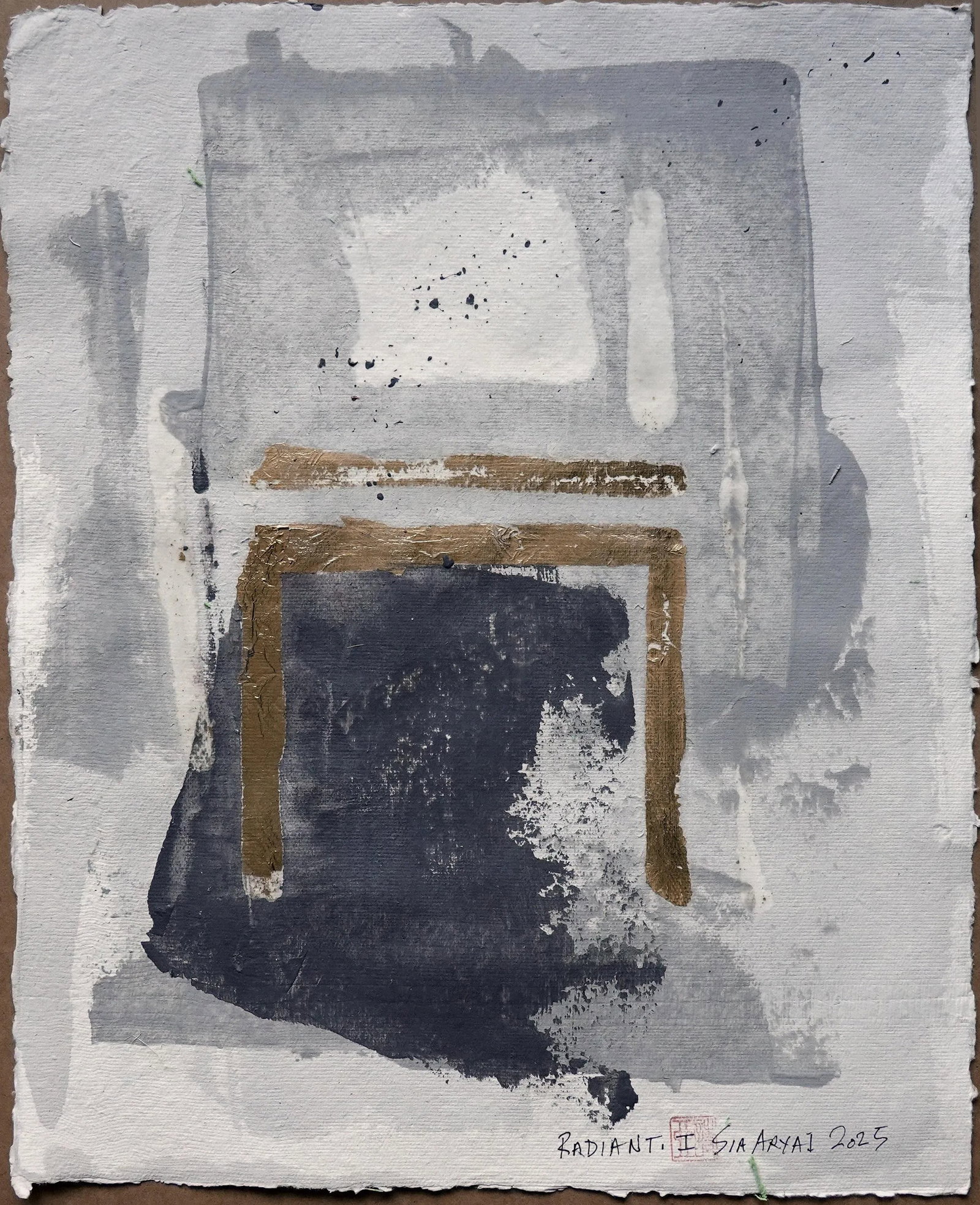 Radient. I Framed Abstract Gold Leaf on Gray Acrylic Painting - 2