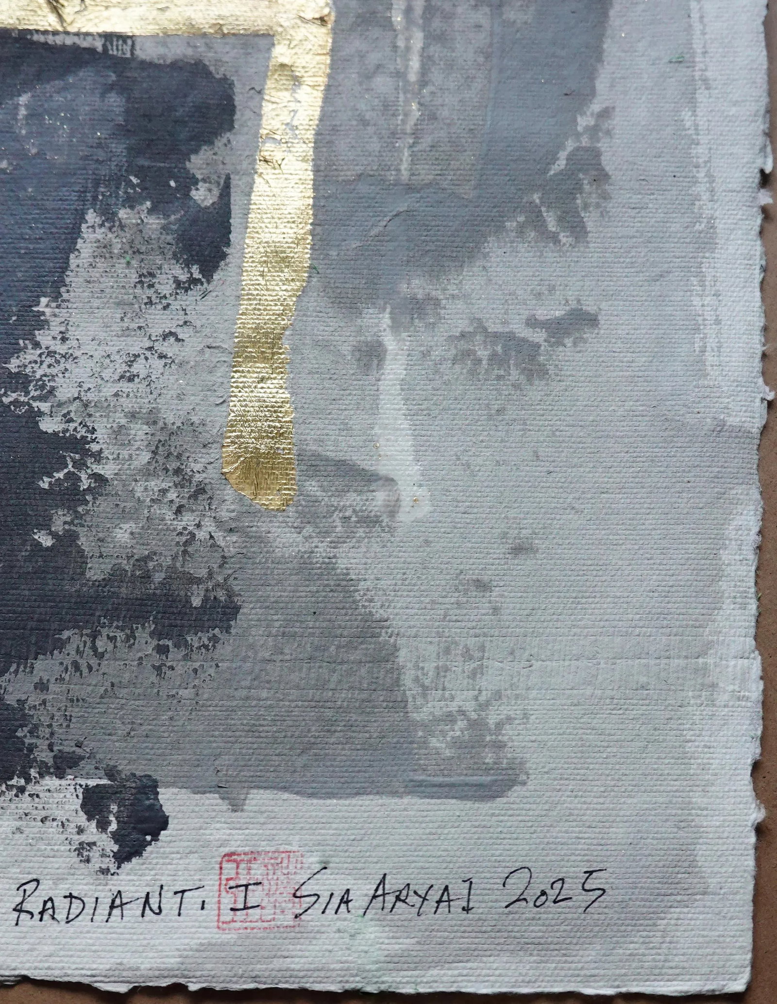 Radient. I Framed Abstract Gold Leaf on Gray Acrylic Painting - 3