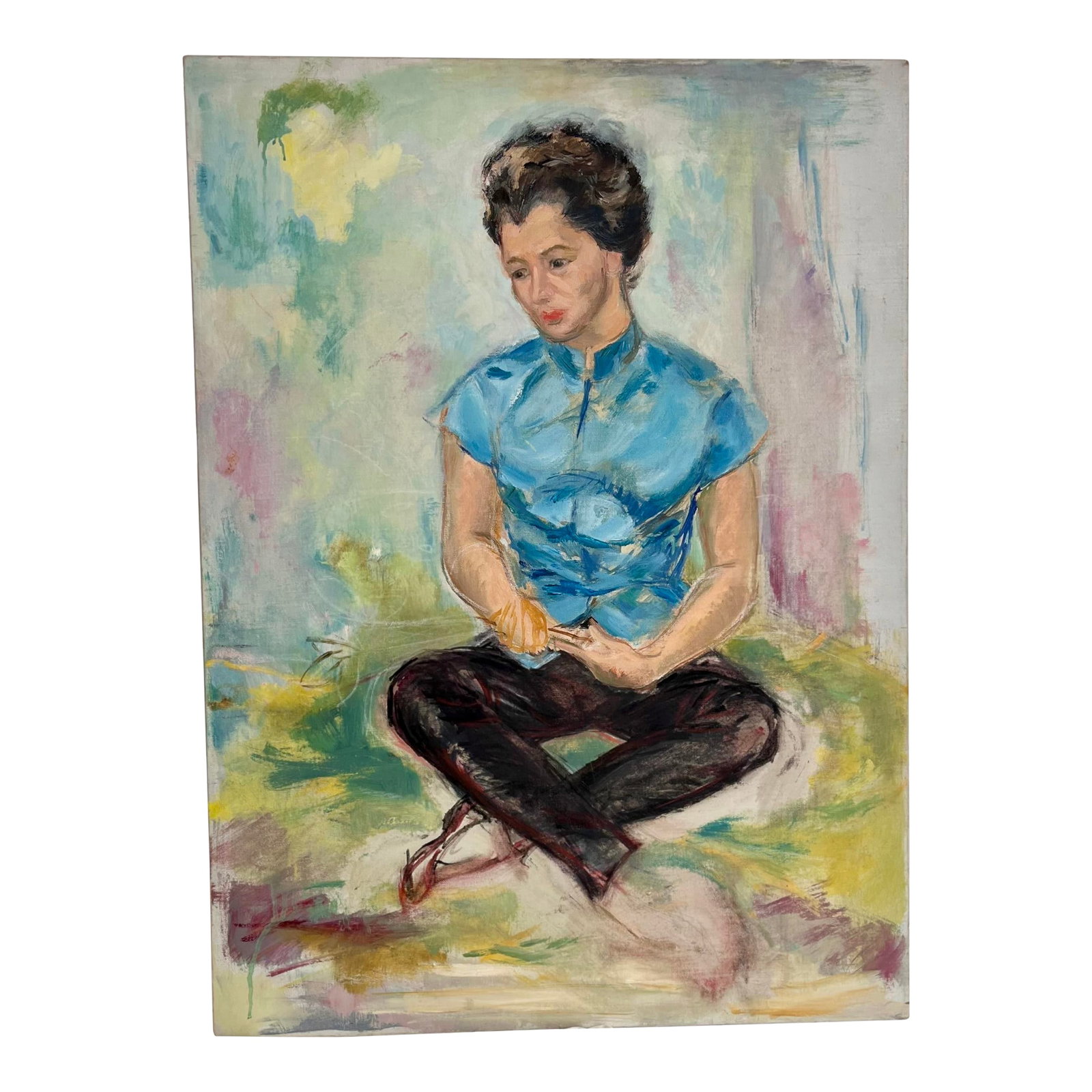 1960s Portrait of a Pensive Young Woman - Oil on Canvas: This painting came from the estate of an art collector in southern Virginia. The aartis has rendered the subject with an expressionist feel -- in a pose that appears pensive and reflective. The portra