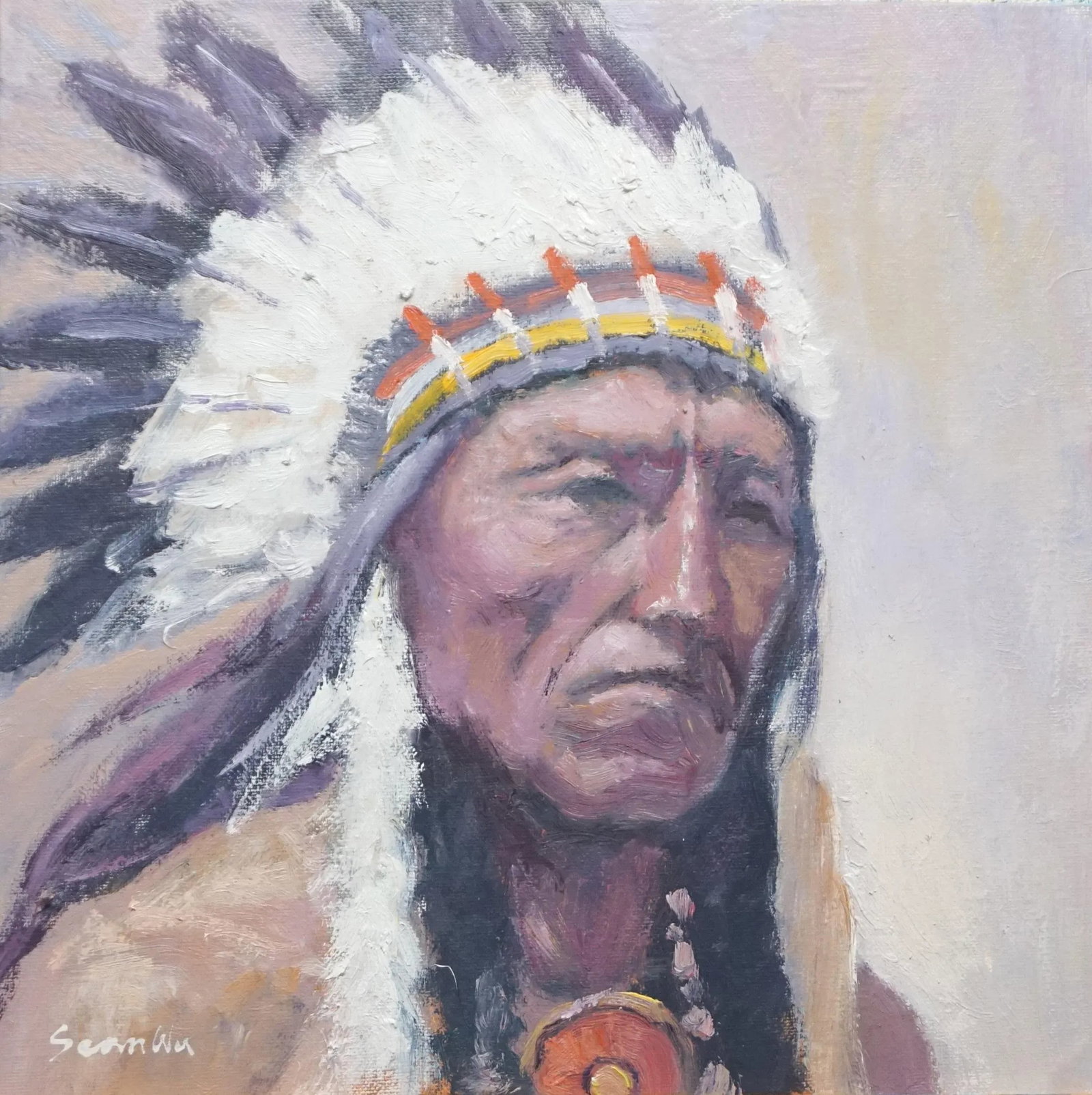Sean Wu Original Oil Portrait of Indian Chief: Original oil portrait by Sean Wu, Indian Chief Condition: Imperfections: No Imperfections Origin: United States Materials & Techniques: Oil Paint Details: Country of Origin: United States Frame