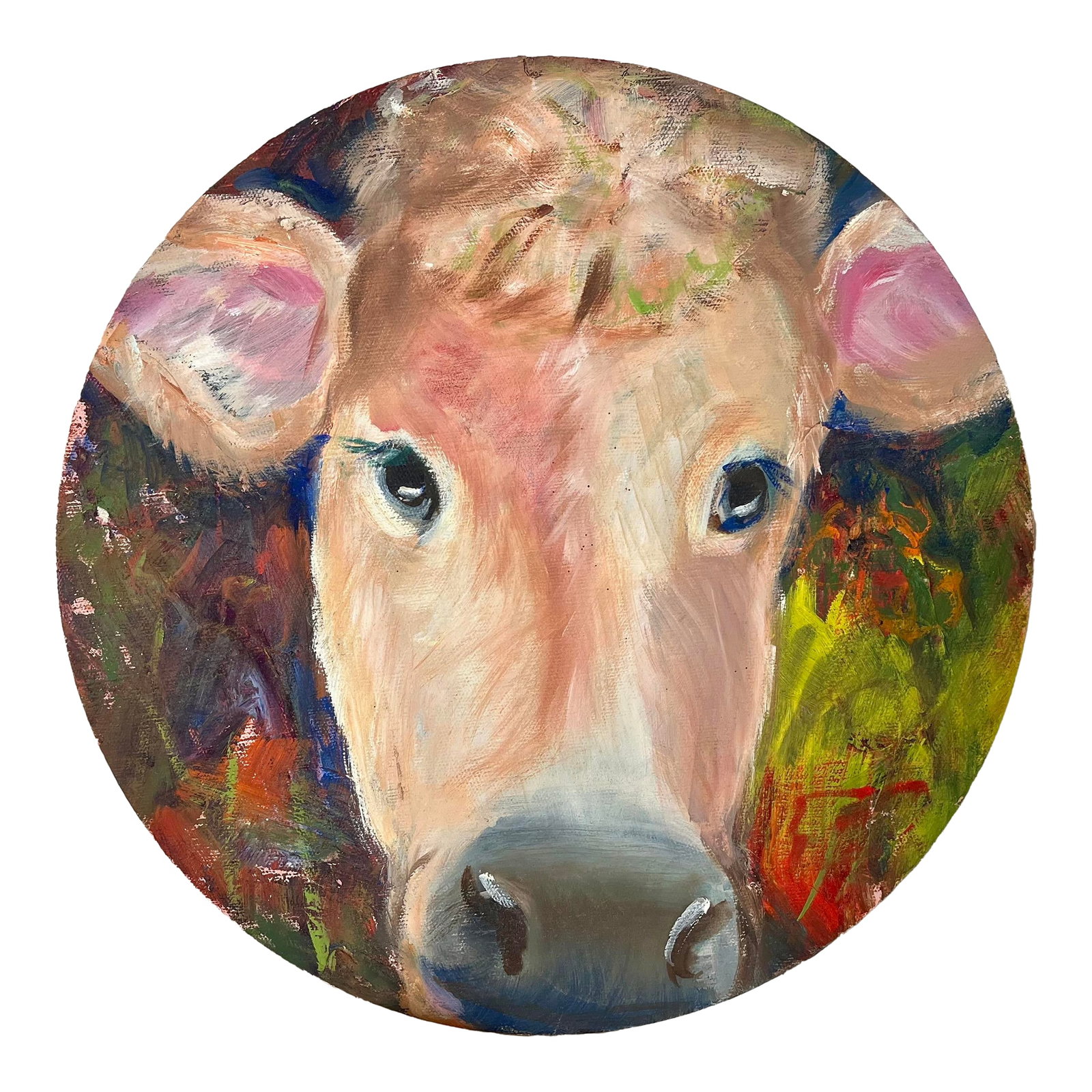 1970s Portrait of a Bovine - Oil on Canvas: We were on the hunt for homo sapiens portraits when this portrait come up at the auction. We were enthralled -- as were many other bidders! But we brought the cow home with us. Too bad our walls are a