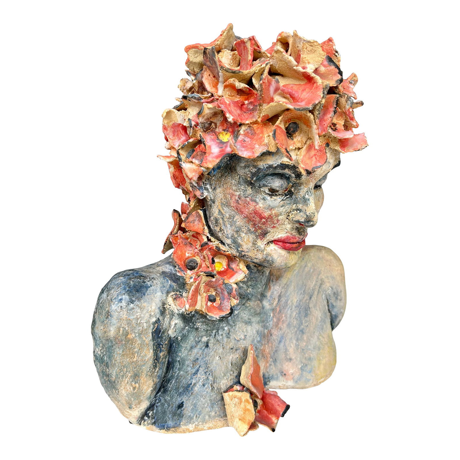"Posey", a Handcrafted Clay Sculpture of a Woman and Flowers: This handcrafted piece is unique. It is stoneware, underglazes and minimal paint, measuring 11"wx13"h It was made in 2023 at the Harvard Ceramic Studio, Boston MA As a potter in the 90's with many yea