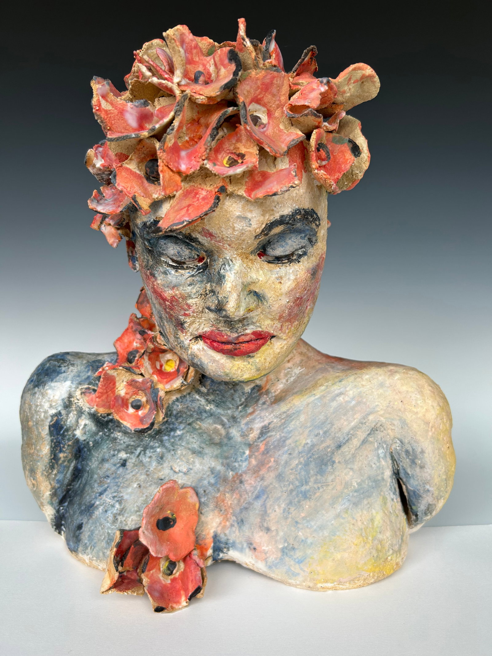"Posey", a Handcrafted Clay Sculpture of a Woman and Flowers - 2