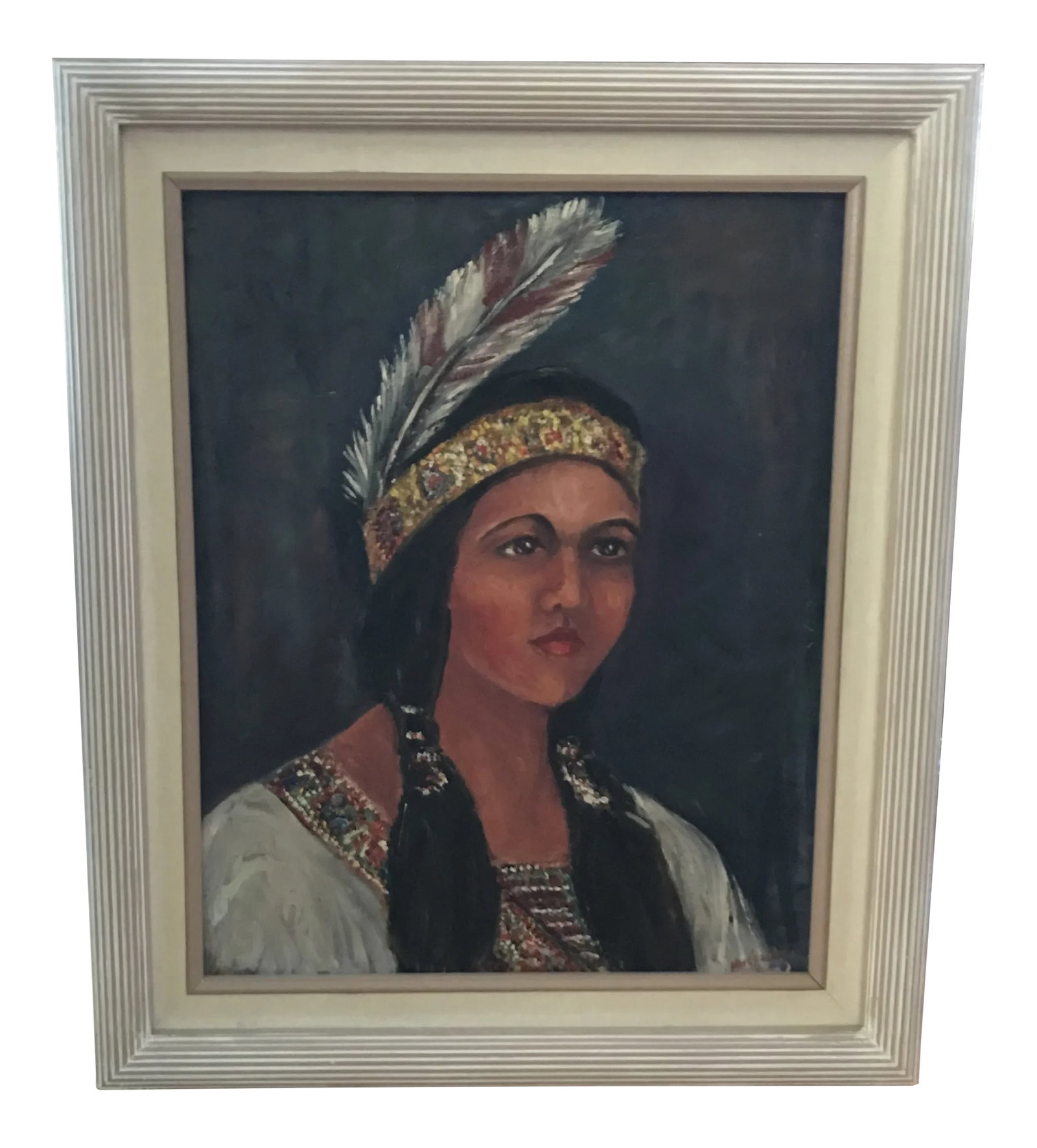 Mid Century Portrait of Native American Maiden: Beautiful custom framed (brand new frame) mid century portrait of a Native American Woman. Hand painted mixed media, looks like oil/acrylic combo. Great well done piece back says it was painted in 194