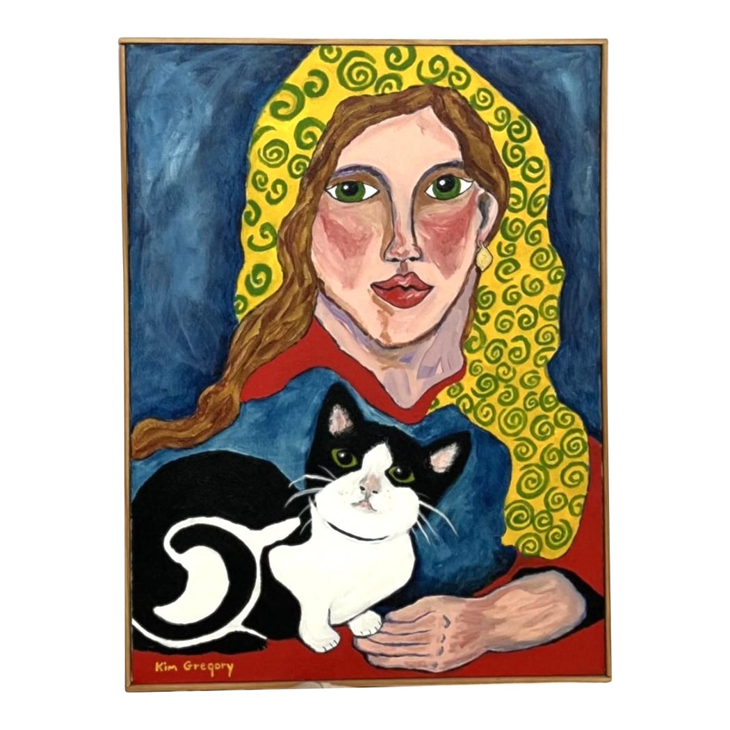 Mid 20th Century Mid Century Portrait of a Cat With a Woman - Framed Oil on Canvas: This portrait of a cat with a woman -- or vice versa -- came from the estate of an art collector in southern Virginia. This oil on canvas was executed by artist Kim Gregory and is signed. It is nicely