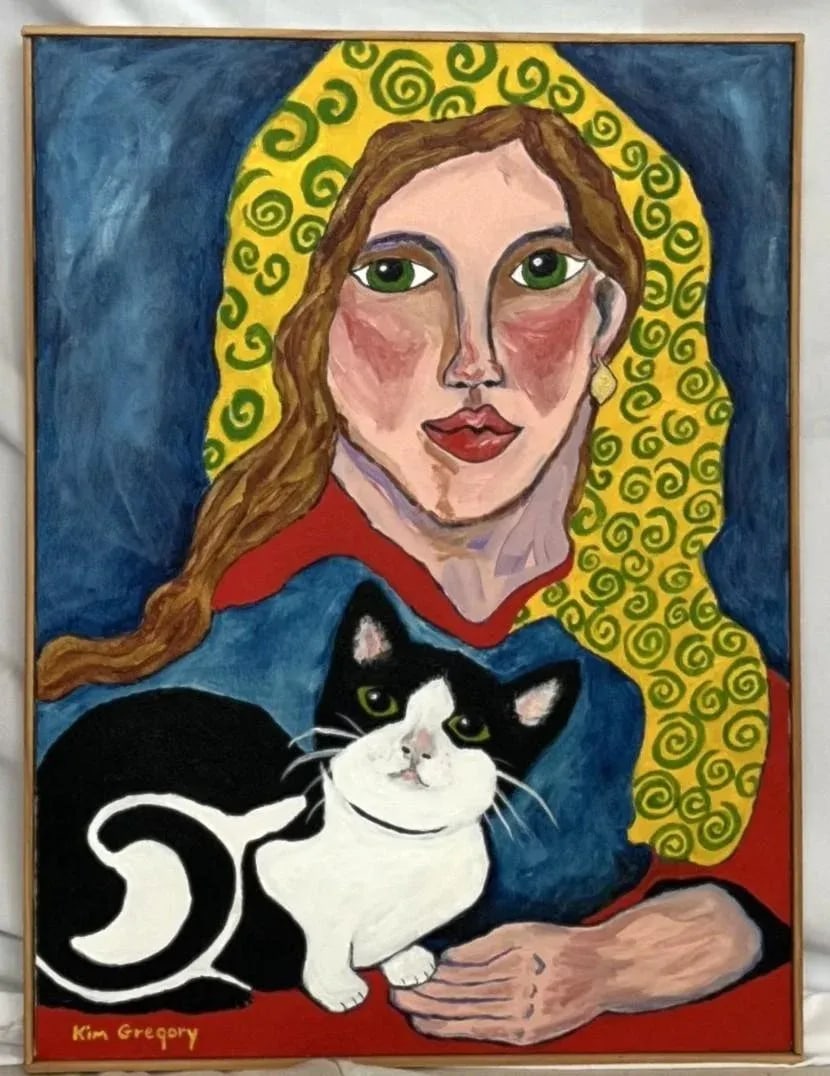 Mid 20th Century Mid Century Portrait of a Cat With a Woman - Framed Oil on Canvas - 3