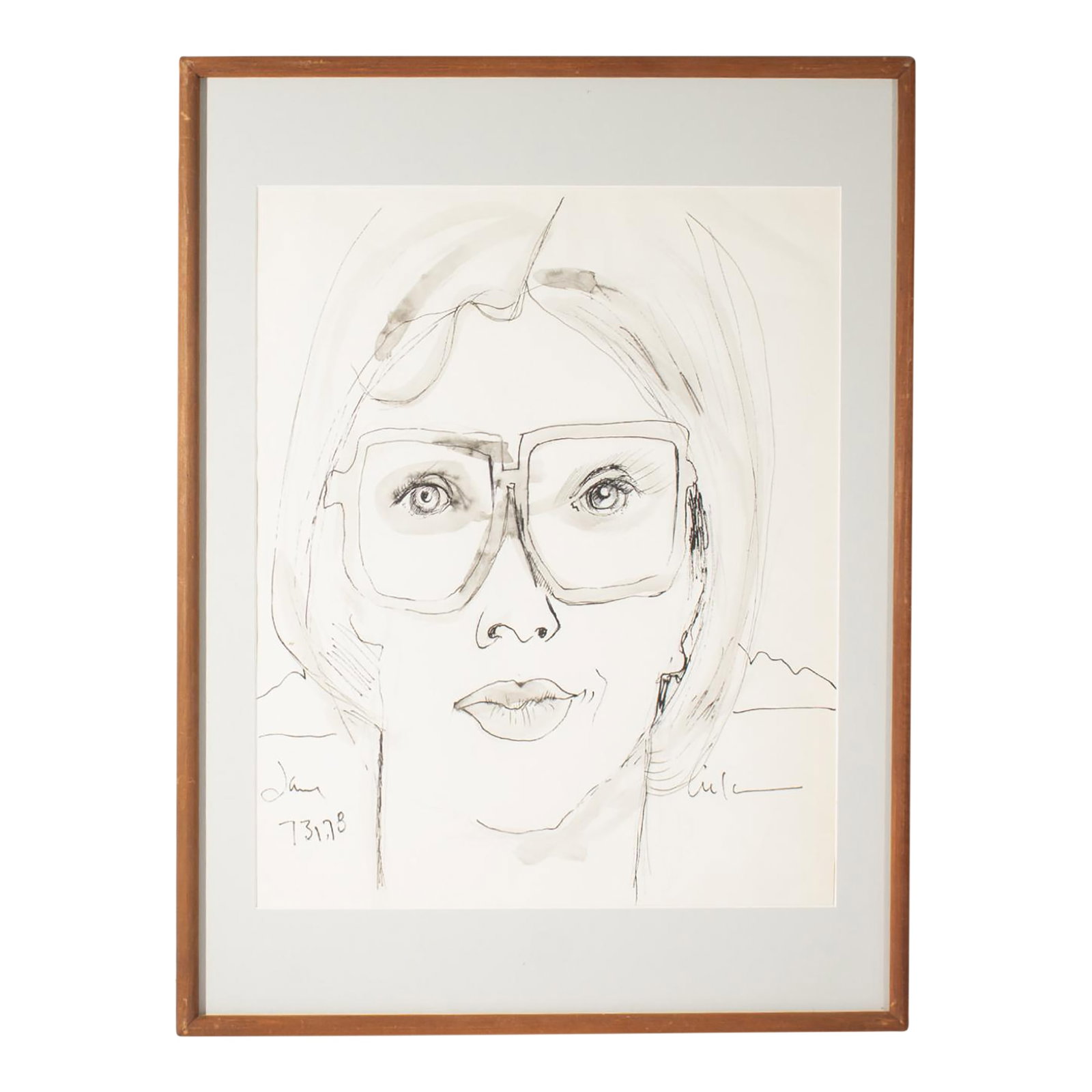 1978 "Jane" Ink Portrait Drawing by Harry Hilson: A 1978 ink portrait drawing by the American artist Harry Hilson (1935-2004). Titled "Jane," this portrait depicts the artist's wife wearing large frame glasses with her hair pulled back. Signed to