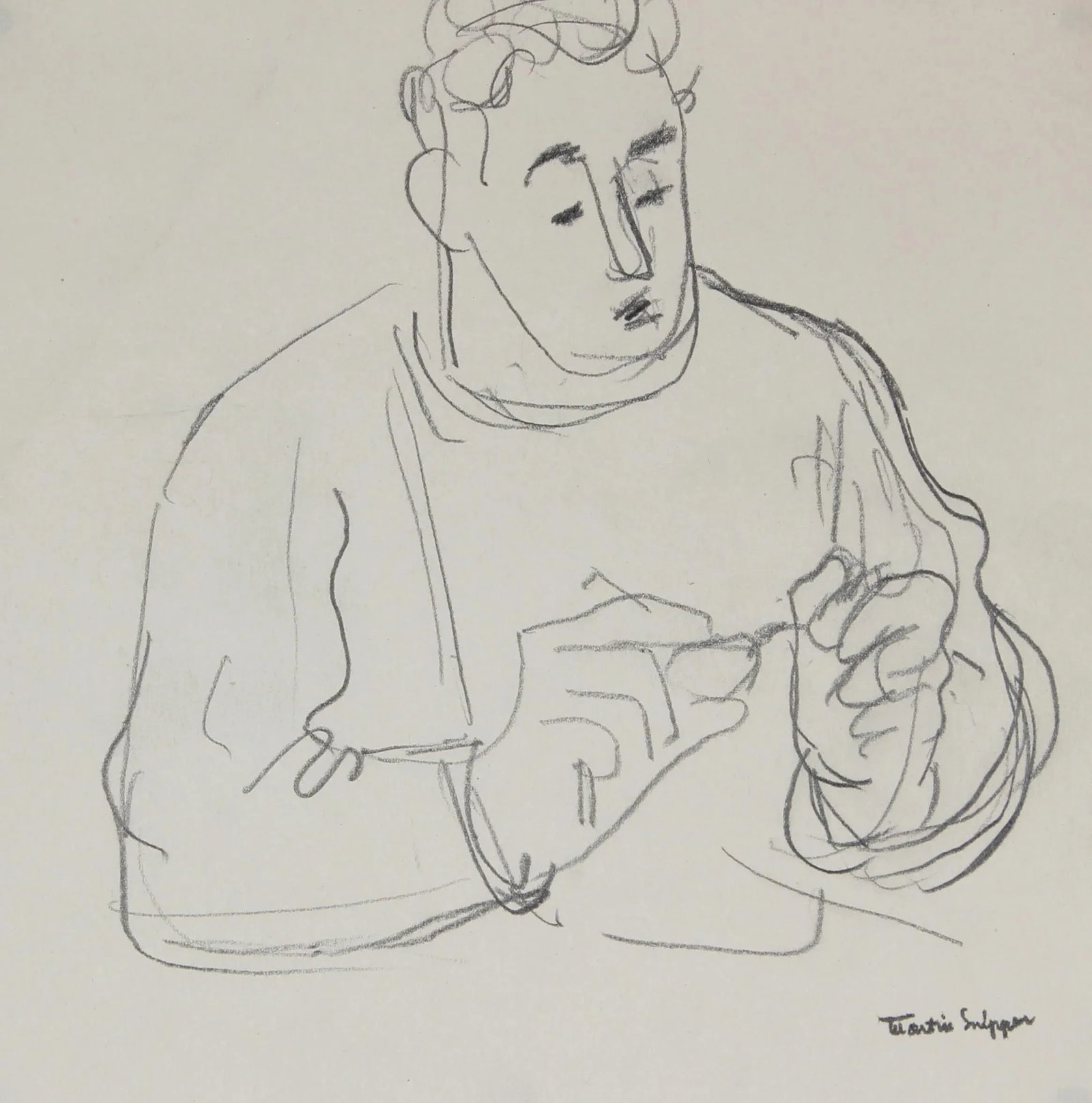 Contemplative Man With Glasses Mid Century Graphite: This mid 20th century graphite on paper drawing is by Expressionist painter, mixed media artist, and sculptor Martin Snipper (1914-2008). He studied at the National Academy of Art In New York in the