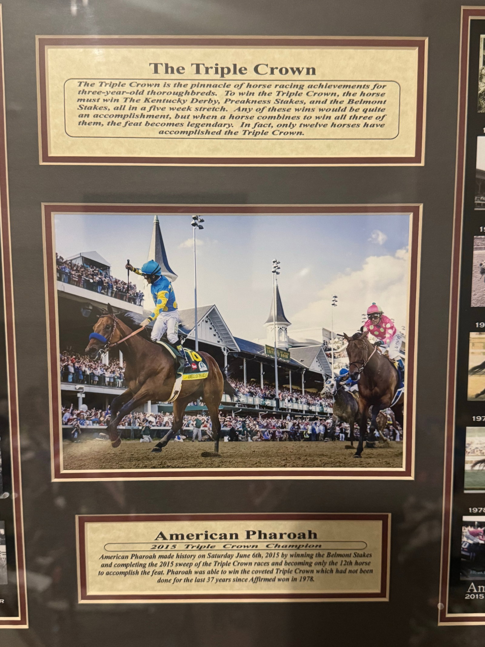 Framed Triple Crown Horse Racing Memorabilia Featuring American Pharoah & Historic Winners - 2