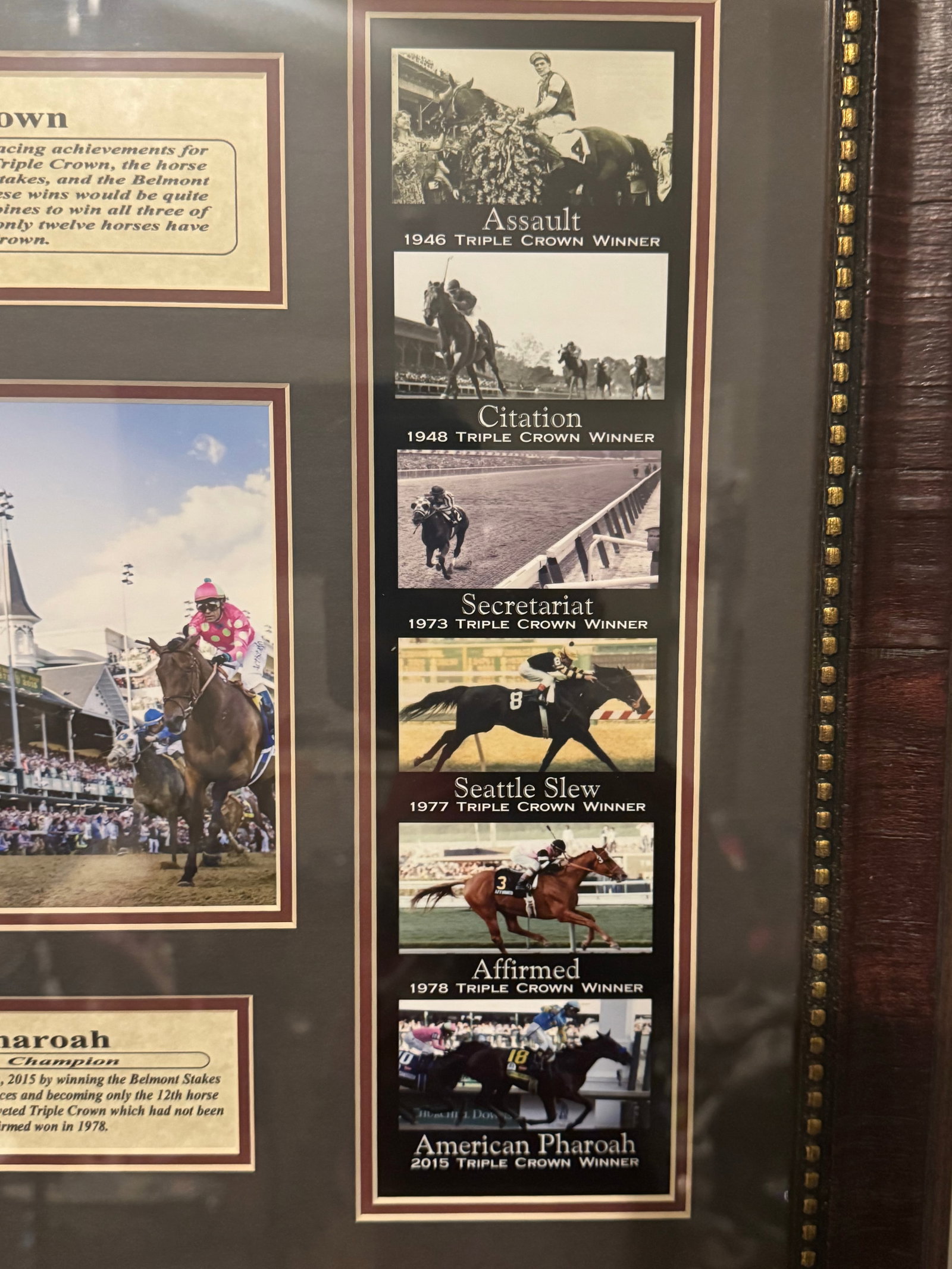 Framed Triple Crown Horse Racing Memorabilia Featuring American Pharoah & Historic Winners - 6
