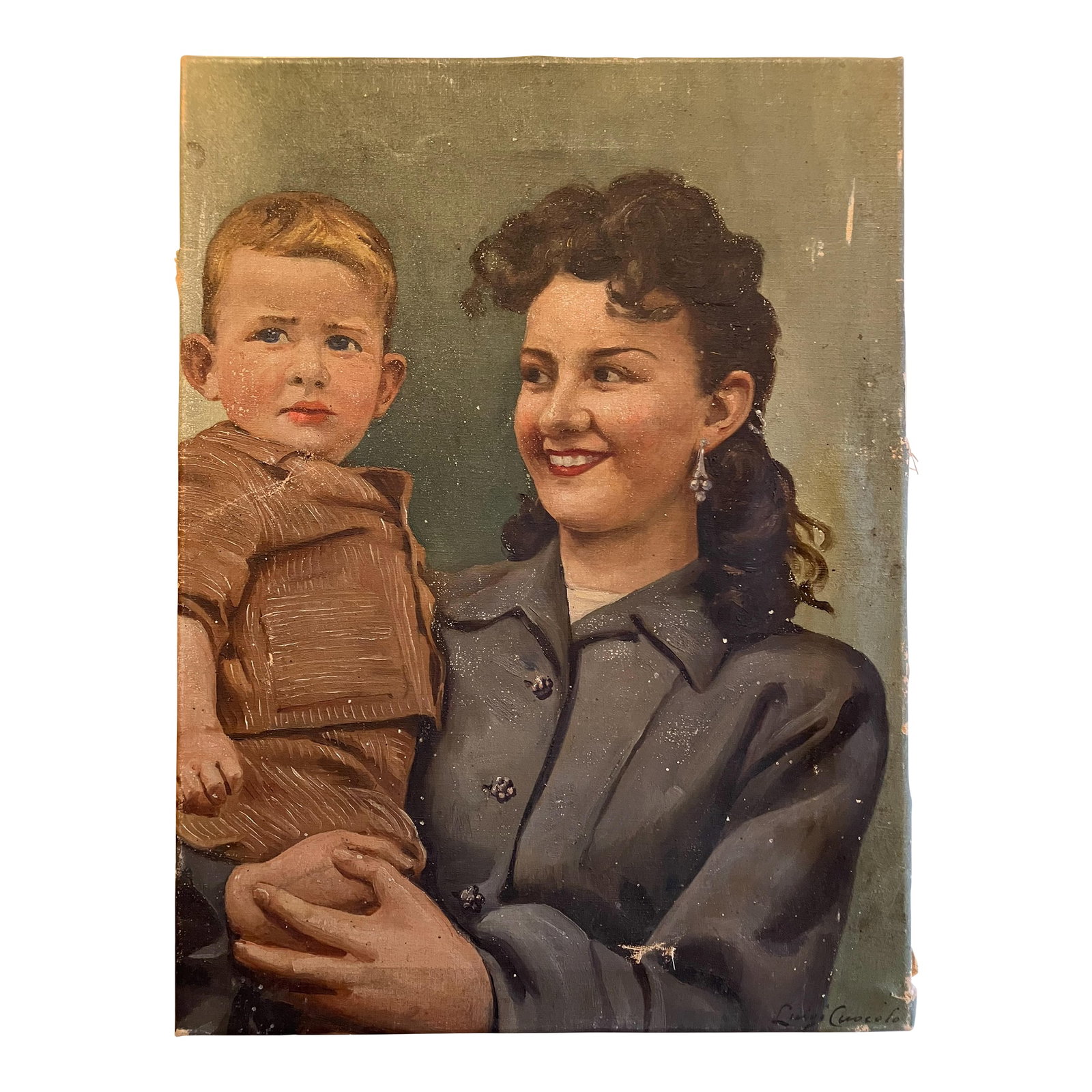 Italian Mid-Century 1940s Signed Oil Portrait of a Mother and Child: Vintage original oil painting of a woman holding a child. Artist Luigi Cuocolo. This unframed canvas measures 12" x 16". Condition: Alterations: Original Condition Unaltered Imperfections: Some