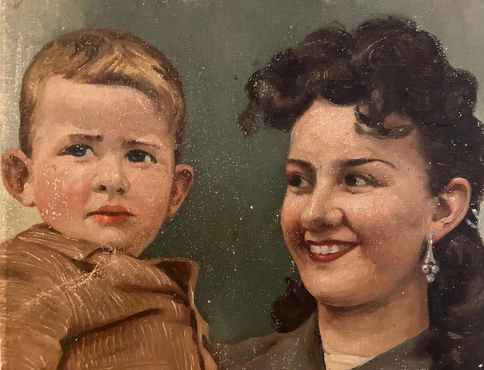 Italian Mid-Century 1940s Signed Oil Portrait of a Mother and Child - 2
