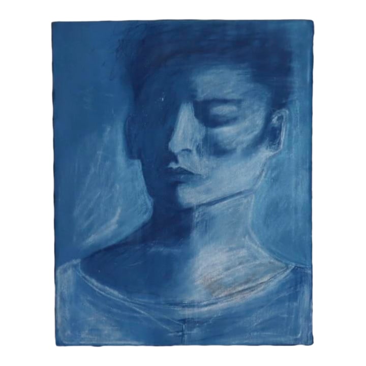 'Blue' - Oil Pastel Painting by Zamarys Rivera: "Blue" is a portrait rendered in oil pastels on canvas, immersed in a monochromatic sea of cool tones. With softened edges and expressive strokes, the figure appears suspended between presence and