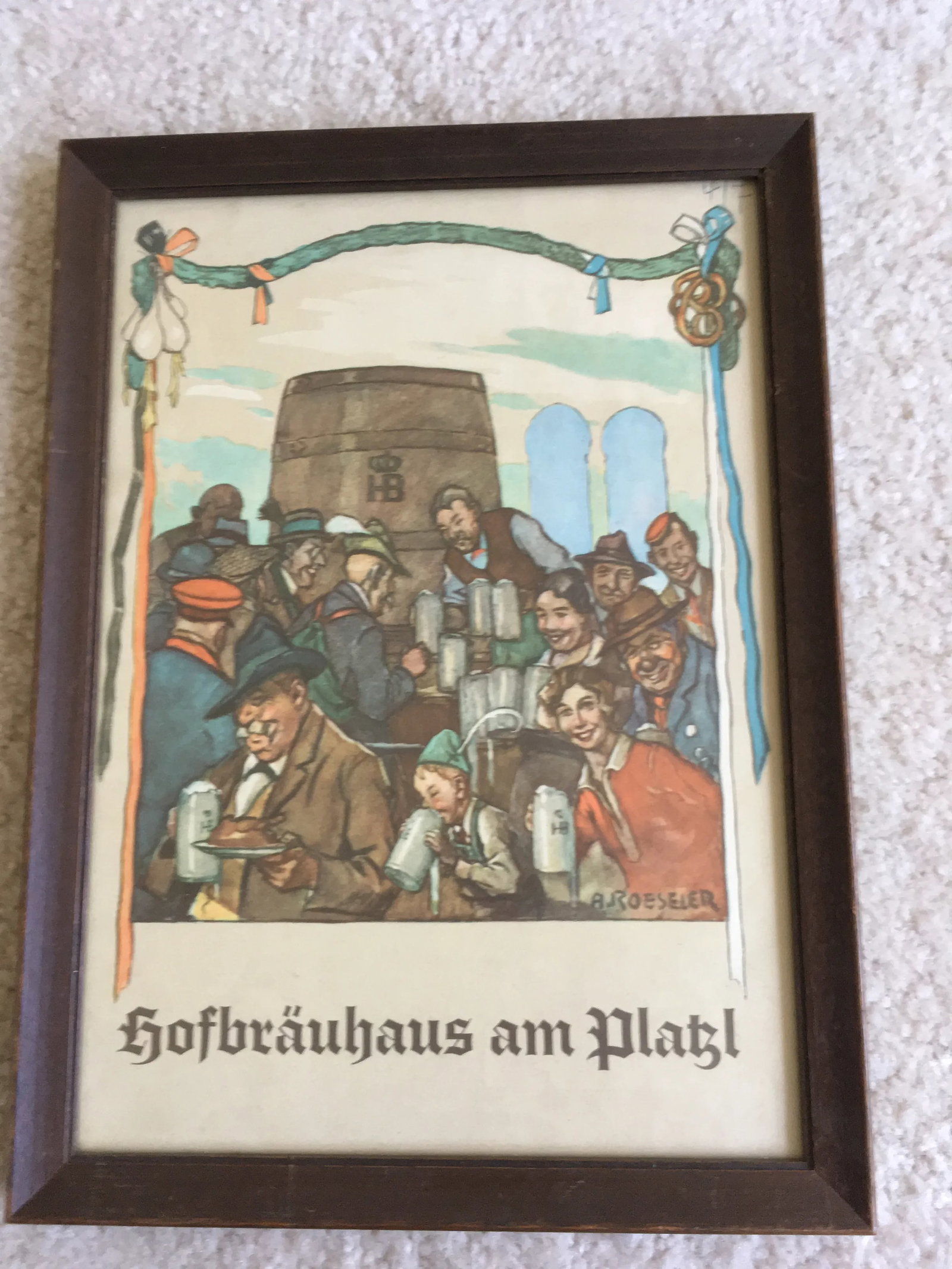 Vintage Limited Edition "Hofbrauhaus Am Platzl" Poster by ARoesler With Custom Wood Frame - 2