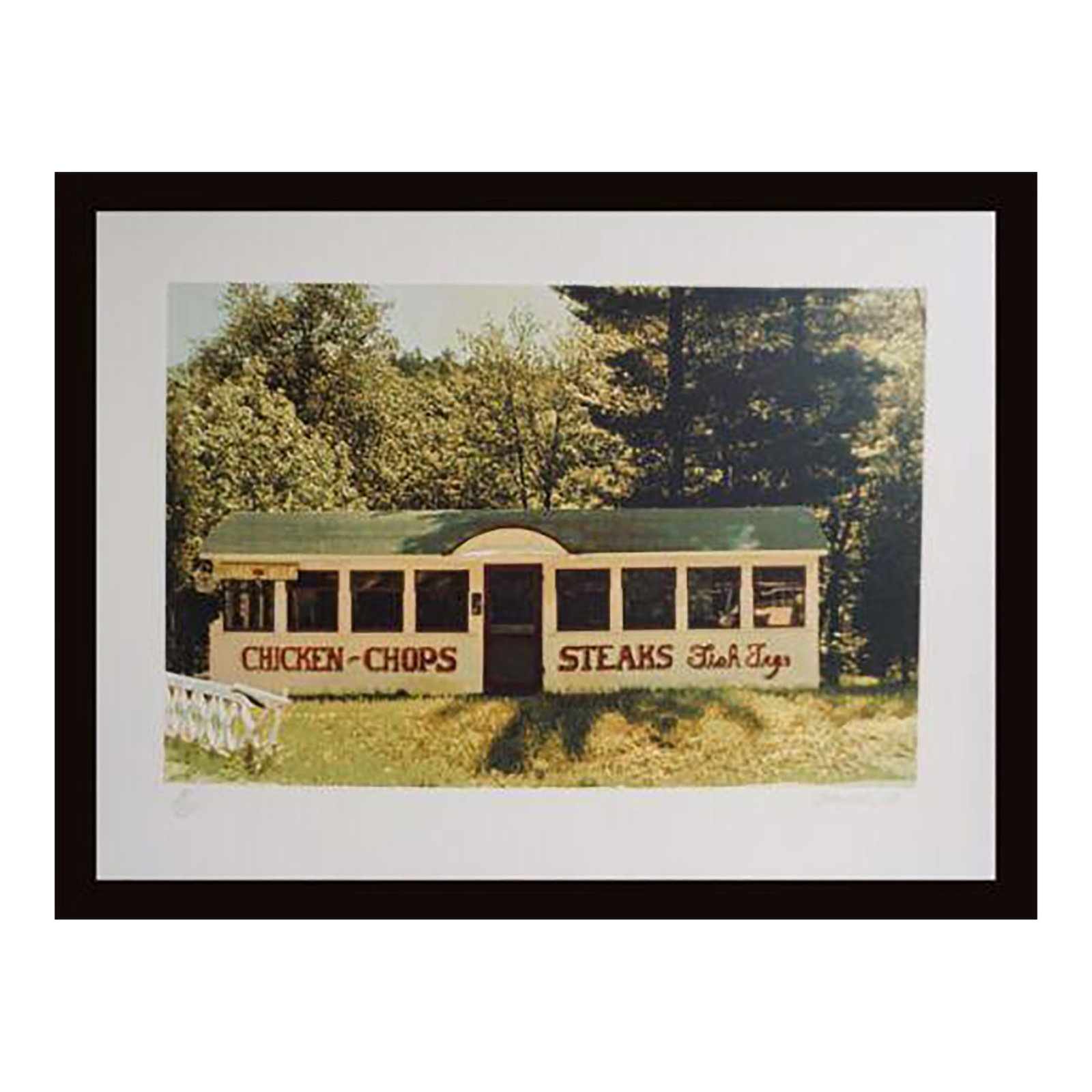 1980s John Baeder Chicken Chops Print: Artist: John Baeder Title: Chicken Chops Medium: Screenprint Signed: Hand Signed Edition: From the edition of 250 Measurements: 22" x 30" Note: This piece is sold UNFRAMED Condition: Excellent. This