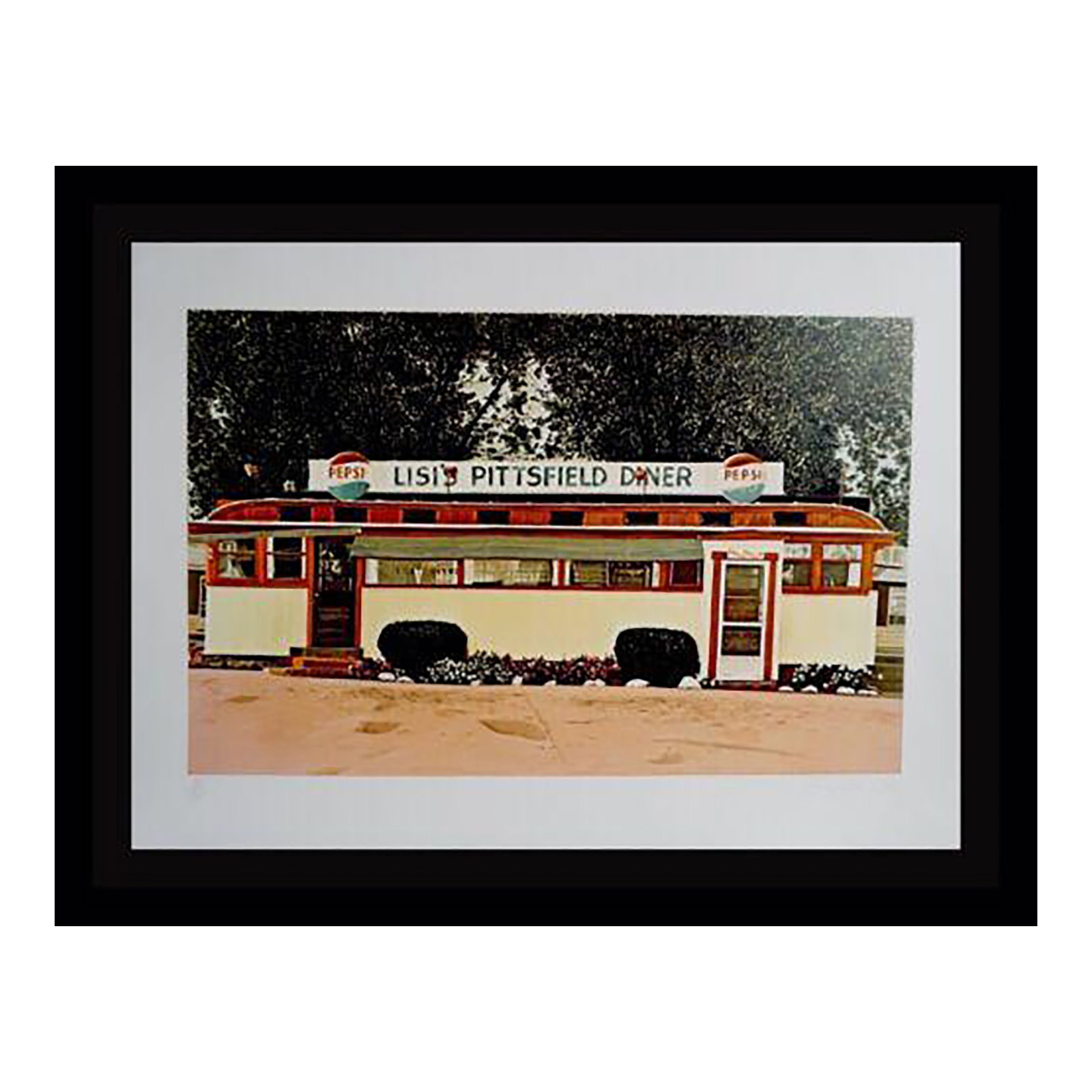 1980s John Baeder Lisi's Pittsfield Diner Print: Artist: John Baeder Title: Lisi's Pittsfield Diner Medium: Screenprint Signed: Hand Signed Year: 1980 Edition: Edition of 250 Measurements: 22" x 30" Frame: This piece is sold UNFRAMED Condition:
