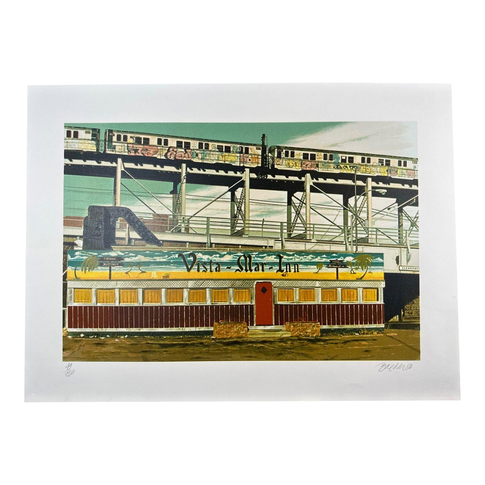 1980s John Baeder Vista Mar Inn Print: Artist: John Baeder Title: Vista Mar Inn Medium: Screenprint Signed: Hand Signed Edition: From the edition of 250 Measurements: 22" x 30" Note: This piece is sold UNFRAMED Condition: Excellent. This