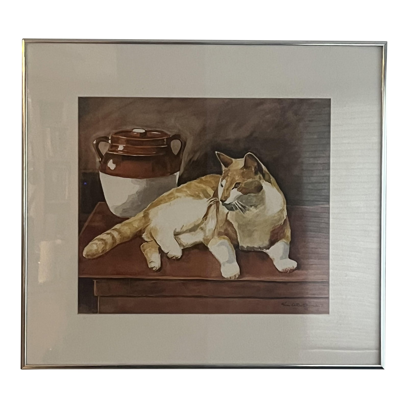 1990s Sig Gruenwald Watercolor Painting of a Cat, Framed: Sig Gruenwald Watercolor Painting of a cat Sig Gruenwald ( 1911-1996) a Memphis aratist. dated 1996 frame 20 x 14 inch artwork 18 x 12 inch condition: some scratches to the plexiglass glaze as shown