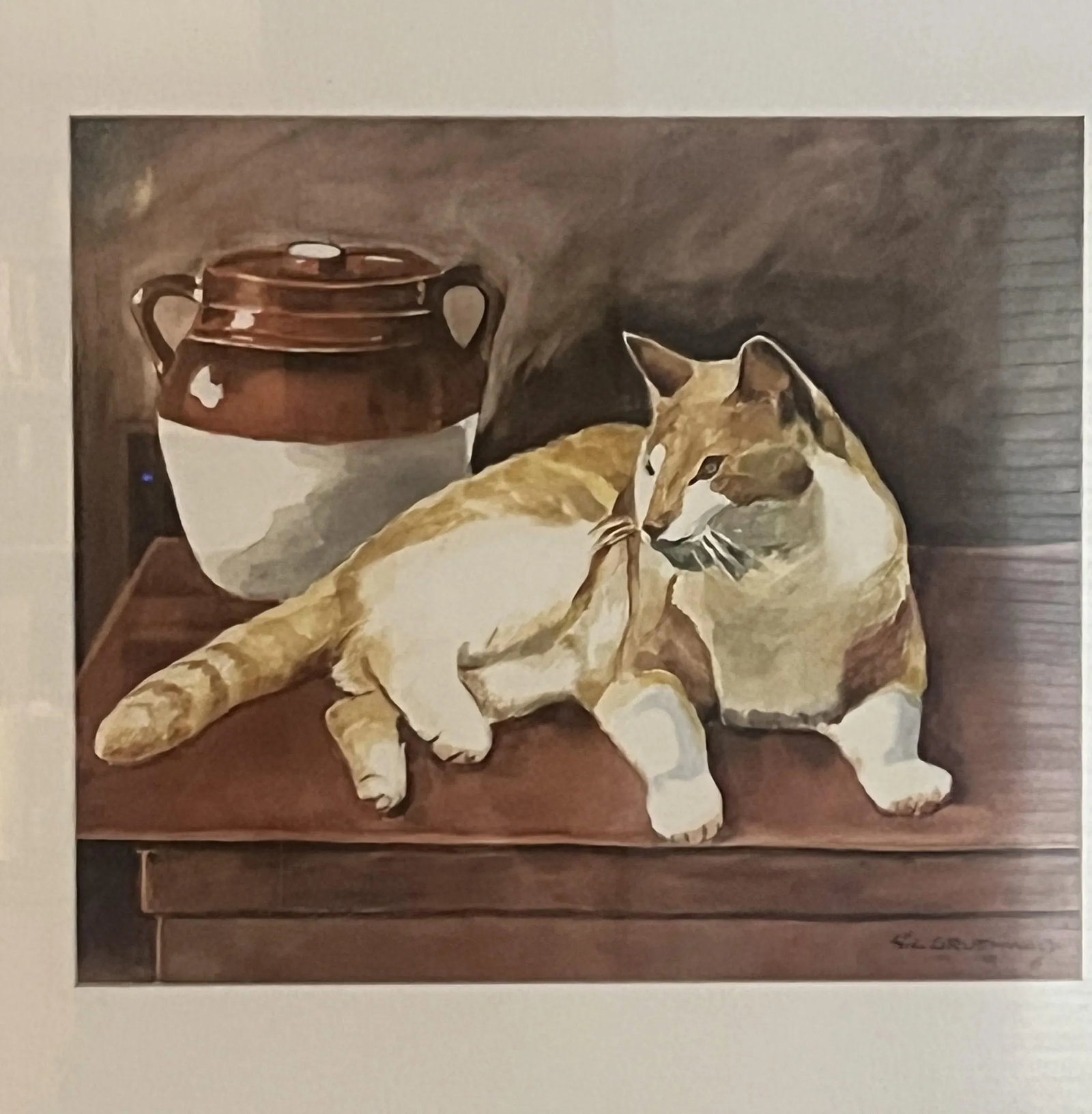 1990s Sig Gruenwald Watercolor Painting of a Cat, Framed - 2