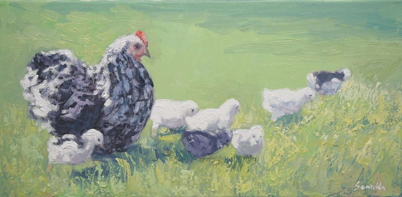Sean Wu Original Oil Painting of Hen and Chicks: Original oil painting by Sean Wu, Hen and Chicks Condition: Imperfections: No Imperfections Origin: United States Materials & Techniques: Oil Paint Details: Art Subjects: Animals What type of