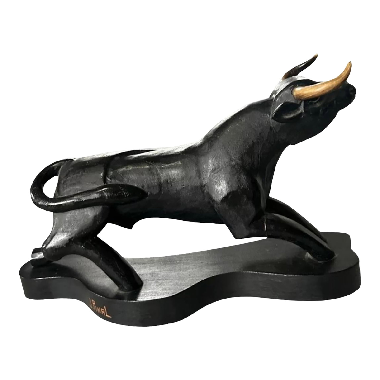 Vintage 1970s Wood Carved Bull Sculpture by Mexican Artist Jose Pinal: Vintage Mexican Artist Jose Pinal Gaucho (1913 -1983) 1970s Carved Wood Sculpture Matador Bull Signed J Pinal 12.5" X 7.5" Excellent condition! Condition: Alterations: Original Condition Unaltered