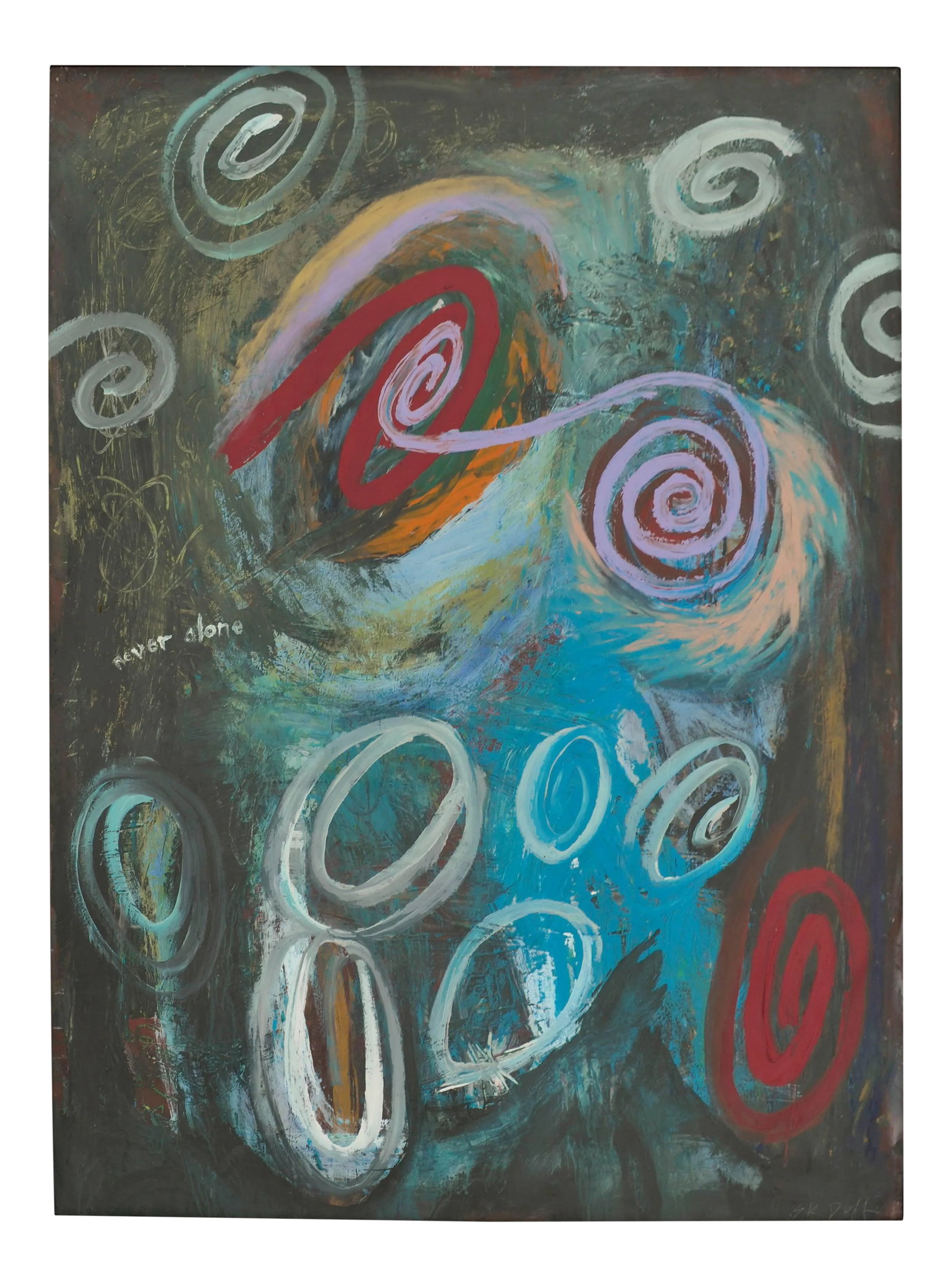 Scott K. Duff "Never Alone" Grafitto New York Abstract Expressionist Acrylic on Paper 1989: Dynamic abstract painting titled "Never Alone" by S.K. Duff (American, b.1961). Signed by the artist, lower right corner. Presented in a rustic, black painted wood frame. SHIPPED WITHOUT GLASS.