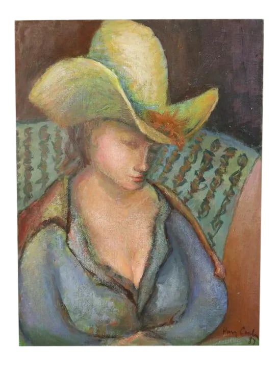 Harry Carlin "Lady in Hat" Painting: A lovely oil on Board of a Lady in Hat. Signed and dated '87 lower right Harry Carlin. Colors are great.She has no frame, but I like her on top of a chest or on a shelf. She is so much fun.