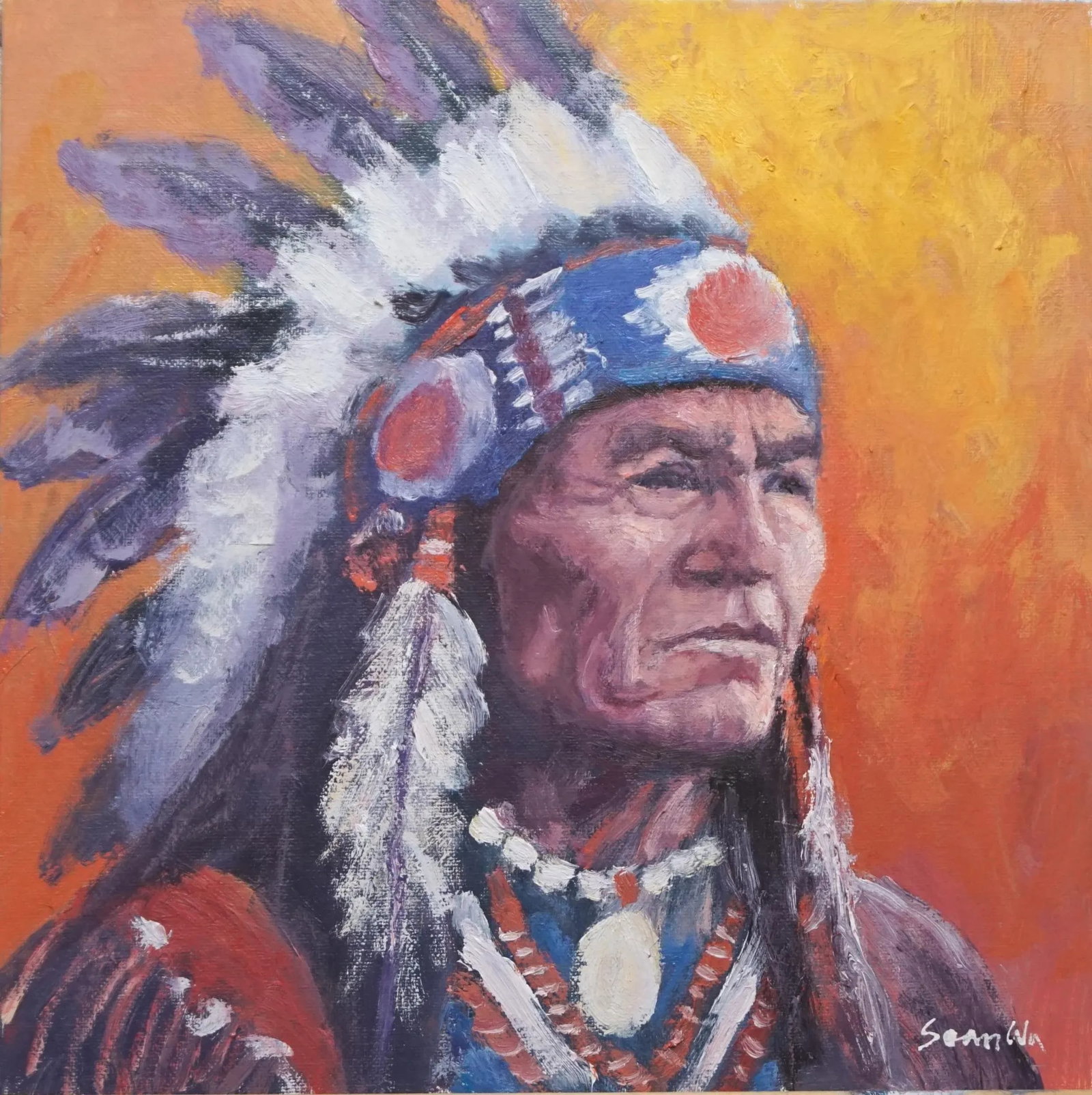 Sean Wu Original Oil Portrait of Indian Chief: Original oil portrait by Sean Wu, Indian Chief Condition: Imperfections: No Imperfections Origin: United States Materials & Techniques: Oil Paint Details: What type of item is it? Not Used Art