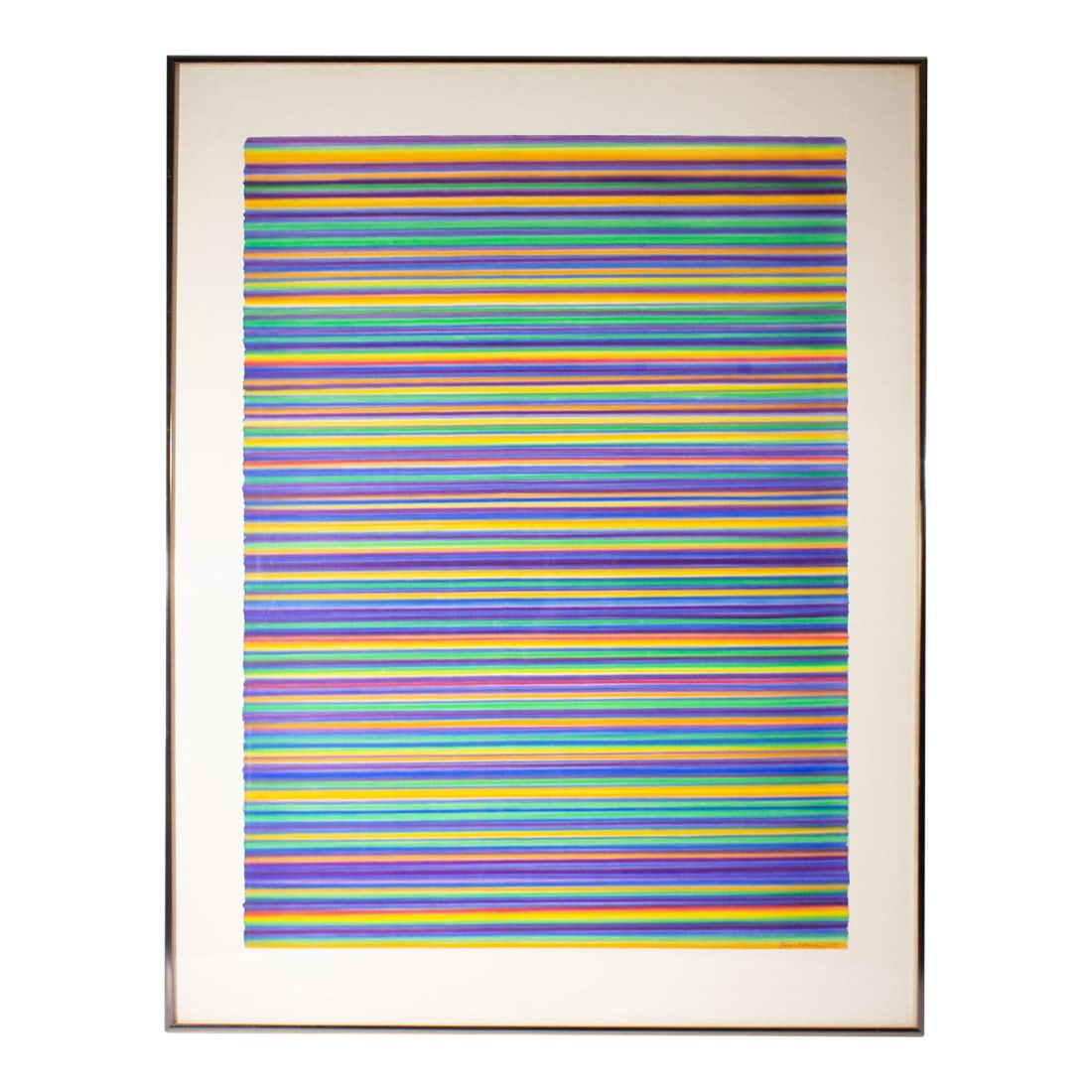 1973 Airbrush on Paper Painting by Steve Redman: A 1973 airbrush on paper painting by the American artist Steve Redman (born 1944). This abstract work features a rainbow of airbrushed lines, in red, yellow, orange, green, blue, and purple. Signed an