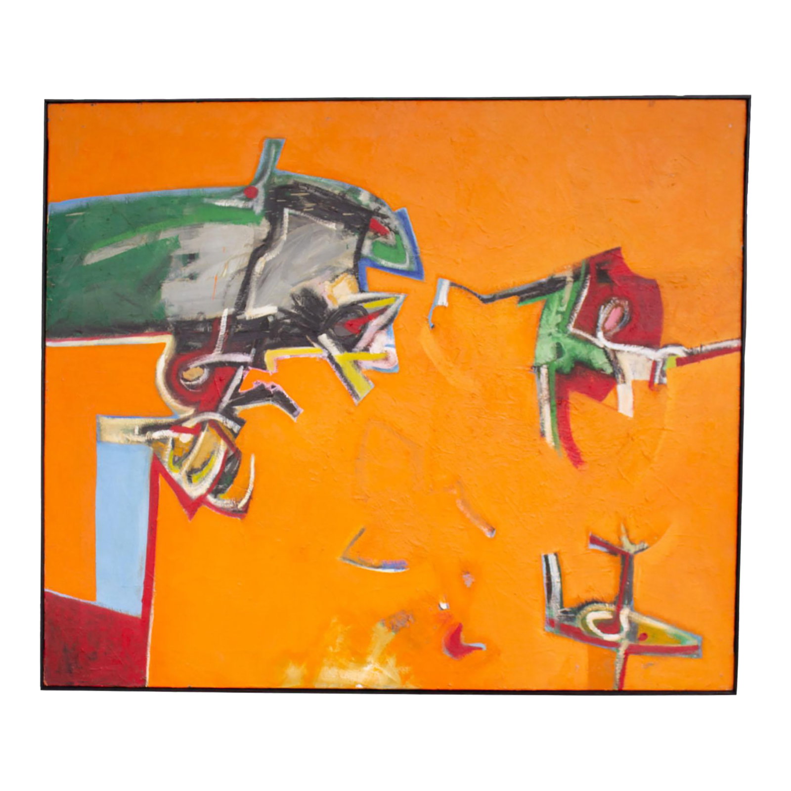 Abstract Oil Painting on Canvas by James L. Bruch: An oil on canvas painting by the American artist James L. Bruch (1942-2023). This colorful abstract work has a vibrant orange background with blue, green, red, black, and white abstract shapes. Unsign