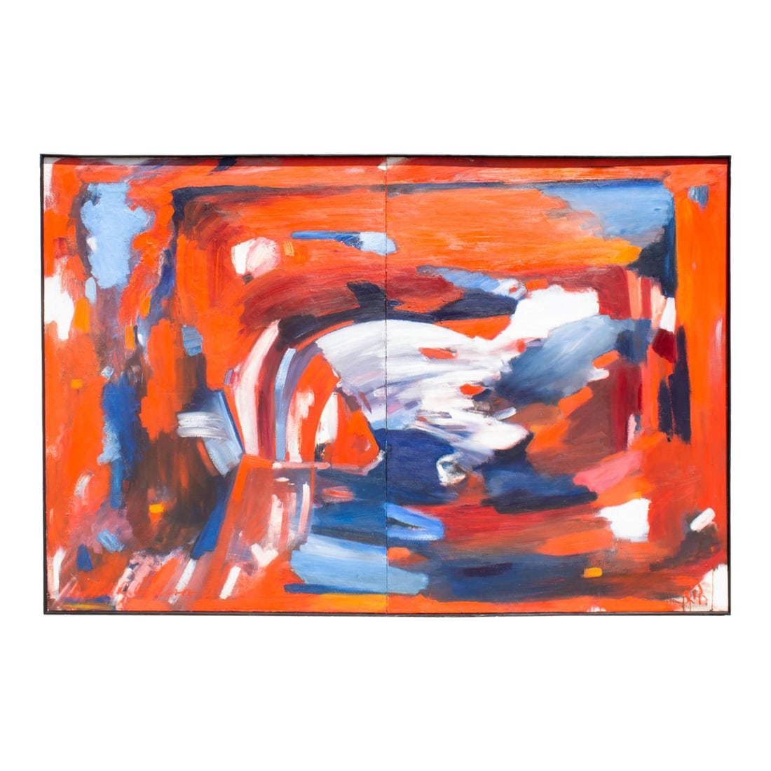 Abstract Oil on Canvas Diptych Painting by Darrell L. Anderson: An oil on canvas diptych painting by the American artist Darrell L. Anderson. This abstract work is painted on two canvases and uses broad brushstrokes in red, white, and blue. Displayed in a black