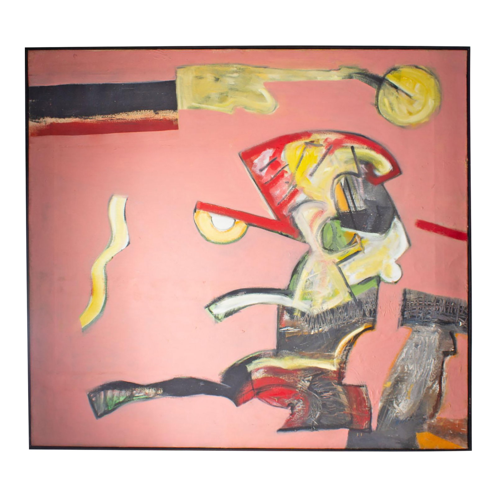 Abstract Oil Painting on Canvas by James L. Bruch: An oil on canvas painting by the American artist James L. Bruch (1942-2023) This abstract painting on canvas consists of red, yellow, black, and dark gray angular shapes against a solid mauve pink