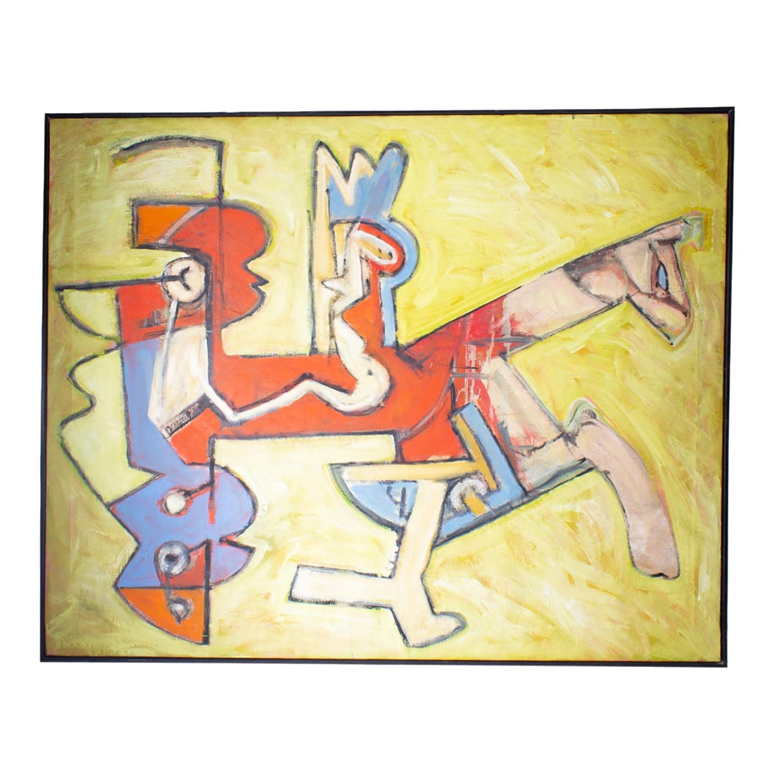 Abstract Oil Painting on Canvas by James L. Bruch: An abstract oil painting on canvas by the American artist James Bruch (1942-2023). This painting consists of jagged shapes of blue, green, and orange dominating a yellow painterly background. The pain
