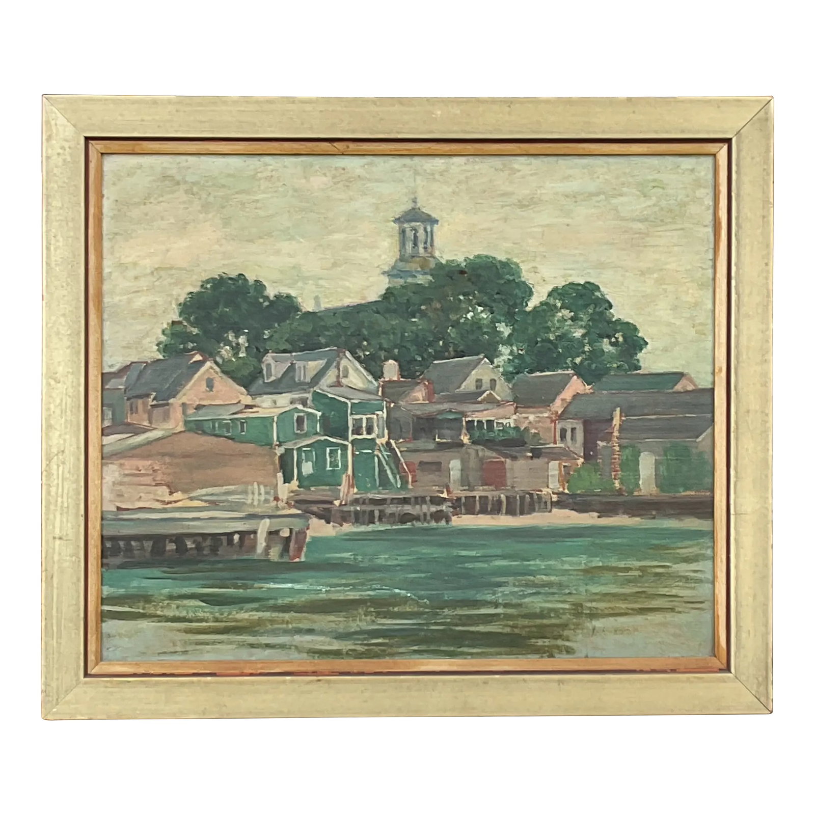 1940s Vintage Coastal Painting: In the style of the Providence University artists mid -century oil on canvas. Beautifully executed with vibrant colors in the Regional genre. Original mounting and frame. Condition: Alterations: Origi