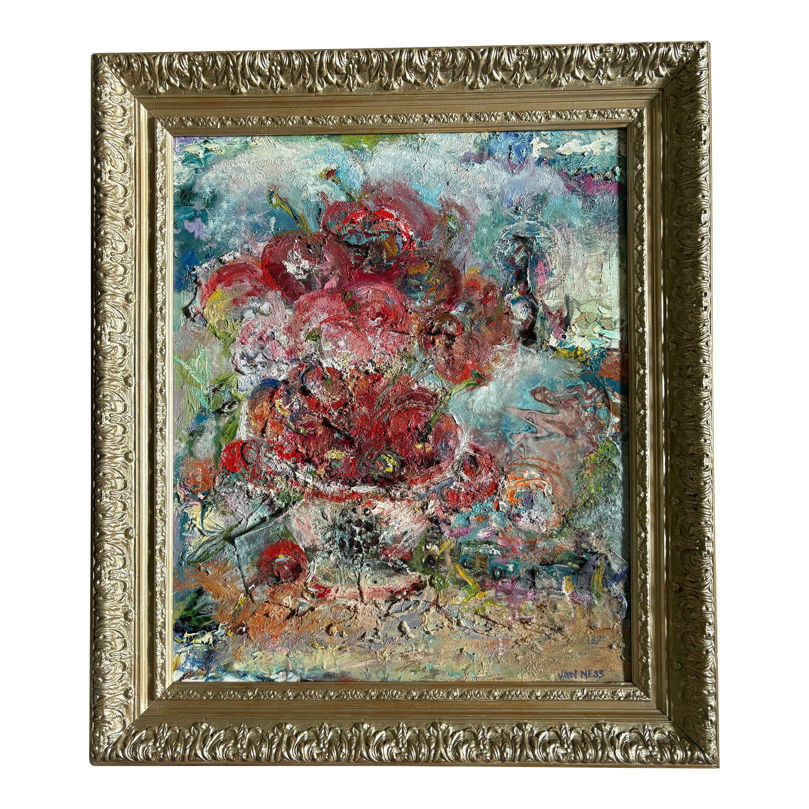 "Cherry Bomb", Original Oil Paintings, Abstract, Expressionism, by Van Ness: "Cherry Bomb", Original Oil Painting, Abstract Expressionism, by Van Ness 26"x30"x2", platinum wood frame, painted platinum color. Is it a bowl of cherries?, a basket of flowers?, or a cherry bomb? Yo