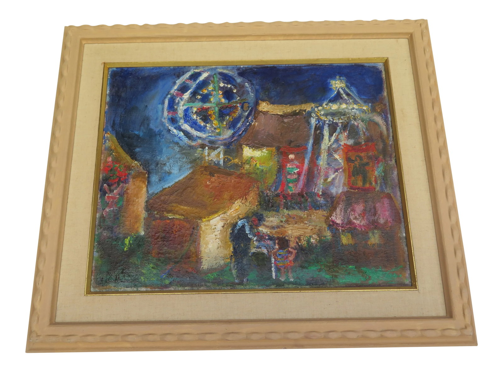Whimsical Impressionistic Painting of a Carnival by Listed Artist Frances Lieberman: San Francisco Art Museum. My friend bought this painting from artist Frances Lieberman in the 1970's. Miss Lieberman is listed on the drop down category of famous artist's that we vendors use on
