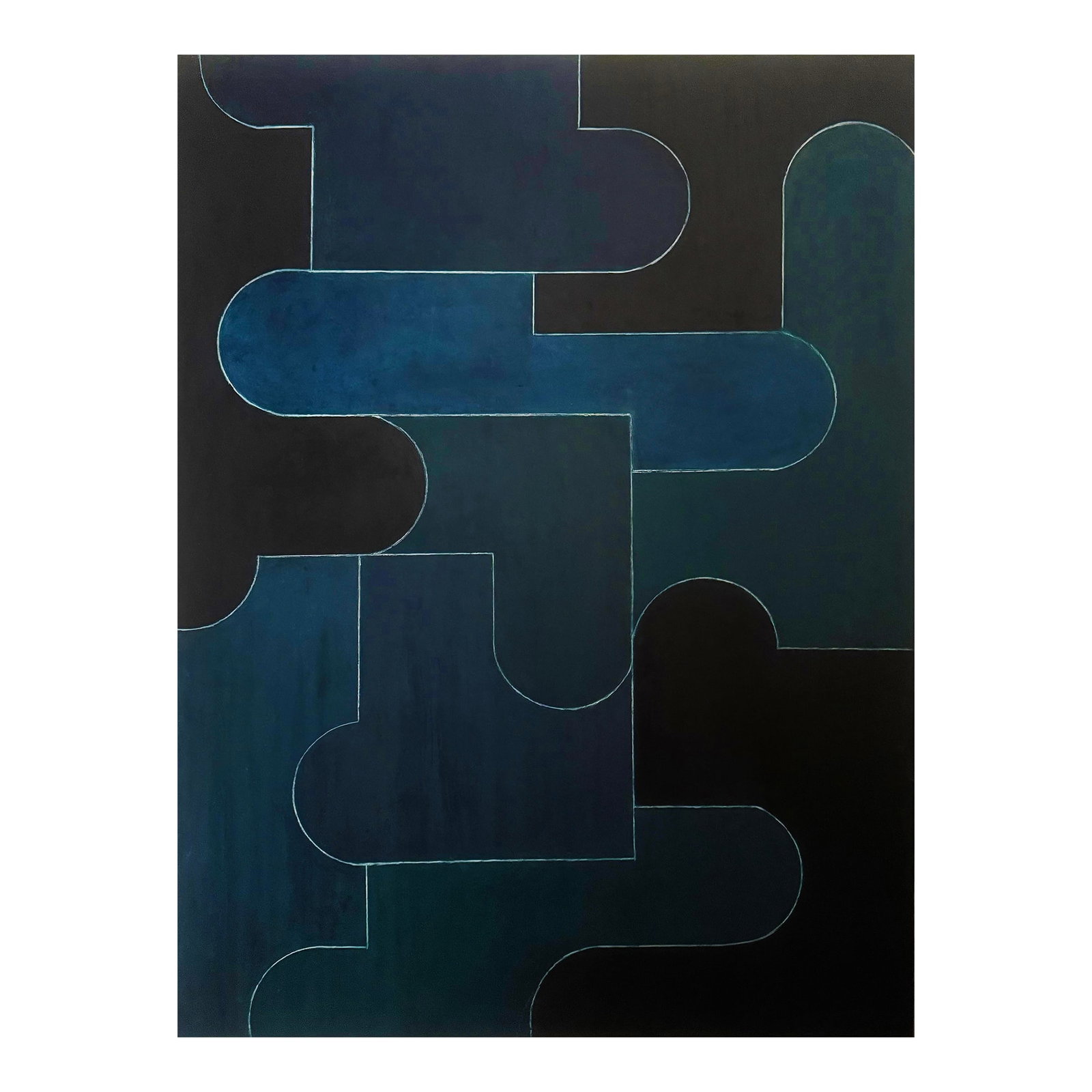 Contemporary Geometric Abstract Oil and Cold Wax Painting Green Blue Black by Stephen Cimini: Oil paint and cold wax on Encaustiflex, a microfiber material made from recycled plastic soda bottles mounted on a cradled panel Part of the Running in Circles series, this painting explores the