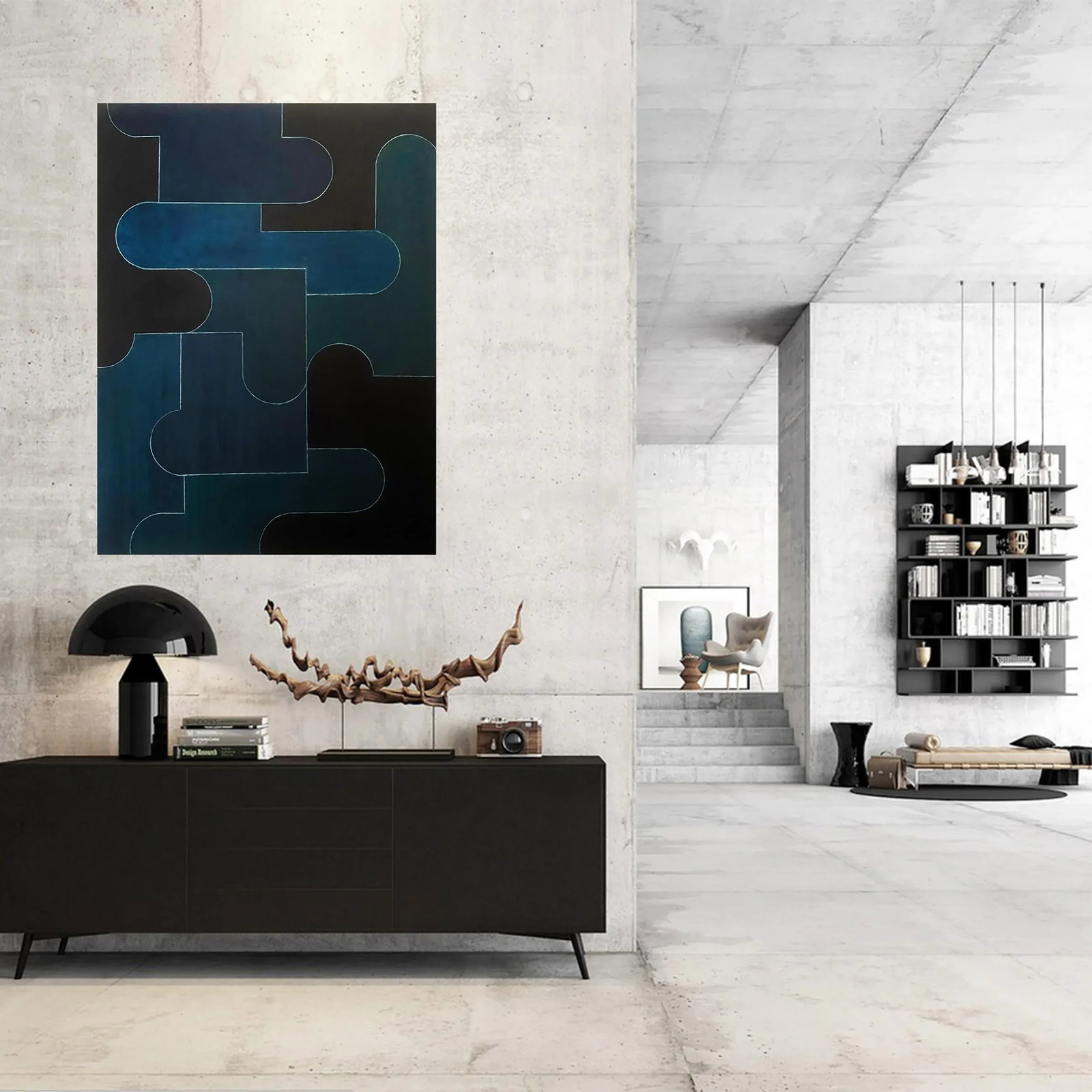 Contemporary Geometric Abstract Oil and Cold Wax Painting Green Blue Black by Stephen Cimini - 6