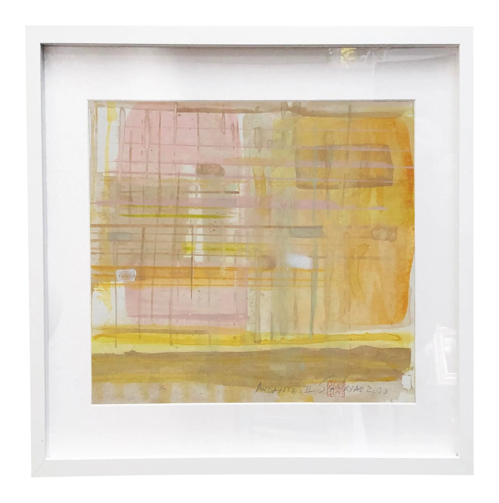 Andante II Framed Original Abstract Painting: Yellow stands for playful and optimistic. Shades of bold energetic yellow race across the palest white and beige background. This lively original painting on heavy stock brings a pop of life to any