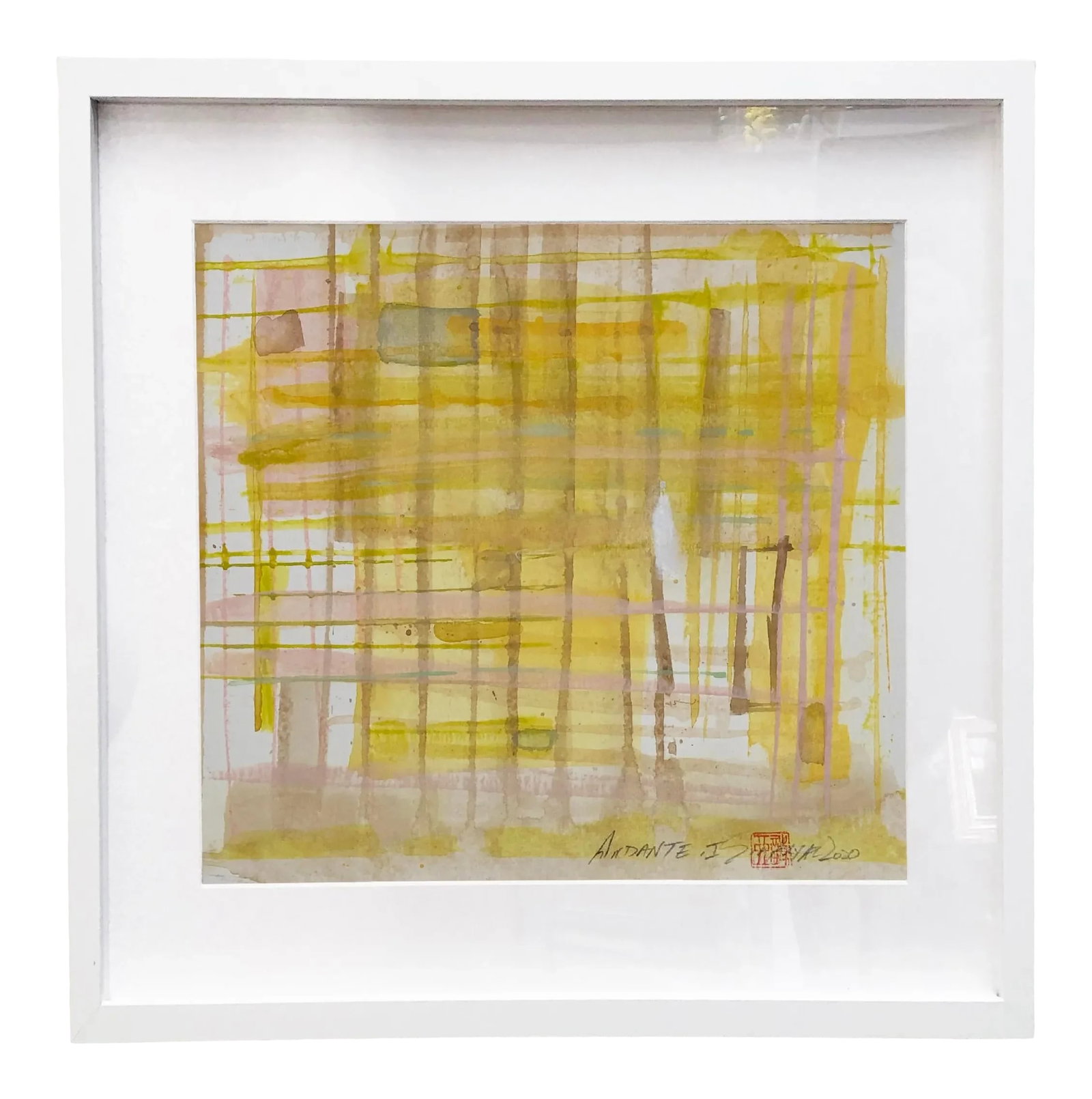 Andante I Framed Original Abstract Painting: Andante. I Ready to Hang framed Original Abstract Painting Yellow stands for playful and optimistic. Shades of bold energetic yellow race across the palest white and beige background. This lively