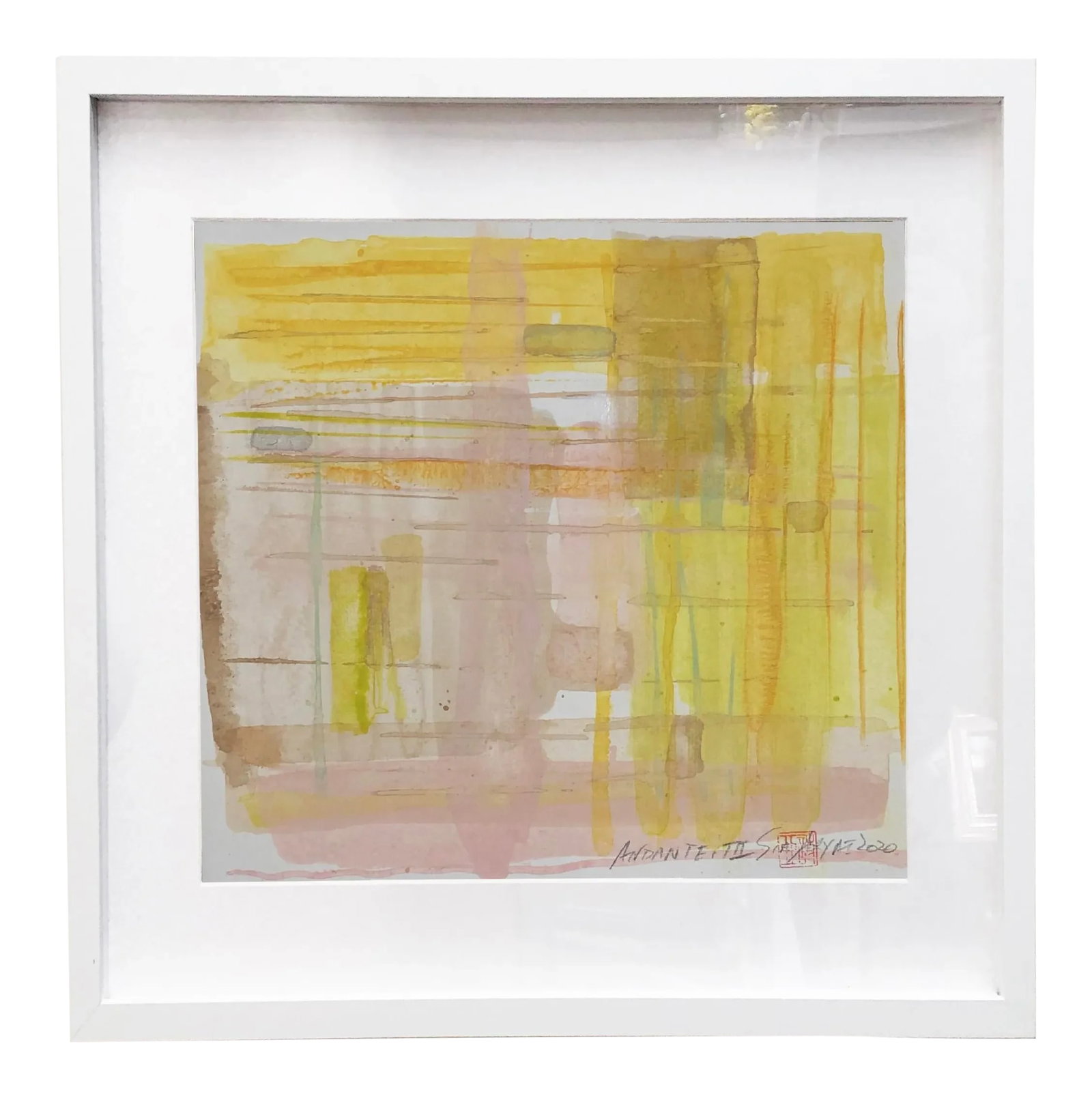 Andante III Framed Original Abstract Painting: Yellow stands for playful and optimistic. Shades of bold energetic yellow race across the palest white and beige background. This lively original painting on heavy stock brings a pop of life to any