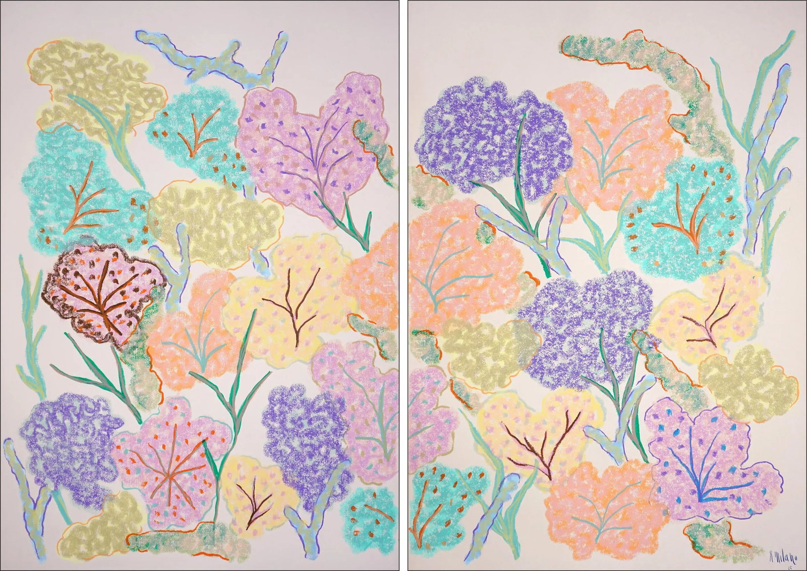 2025, Abstract Illustration Seascape in Pastel Tones of Vivid Sea Sponges, Gouache Crayon on Waterco: Vivid Sea Sponges is a luminous diptych that celebrates the delicate beauty of marine life through a vibrant palette of pastels and soft organic forms. Inspired by the rhythmic patterns of underwater